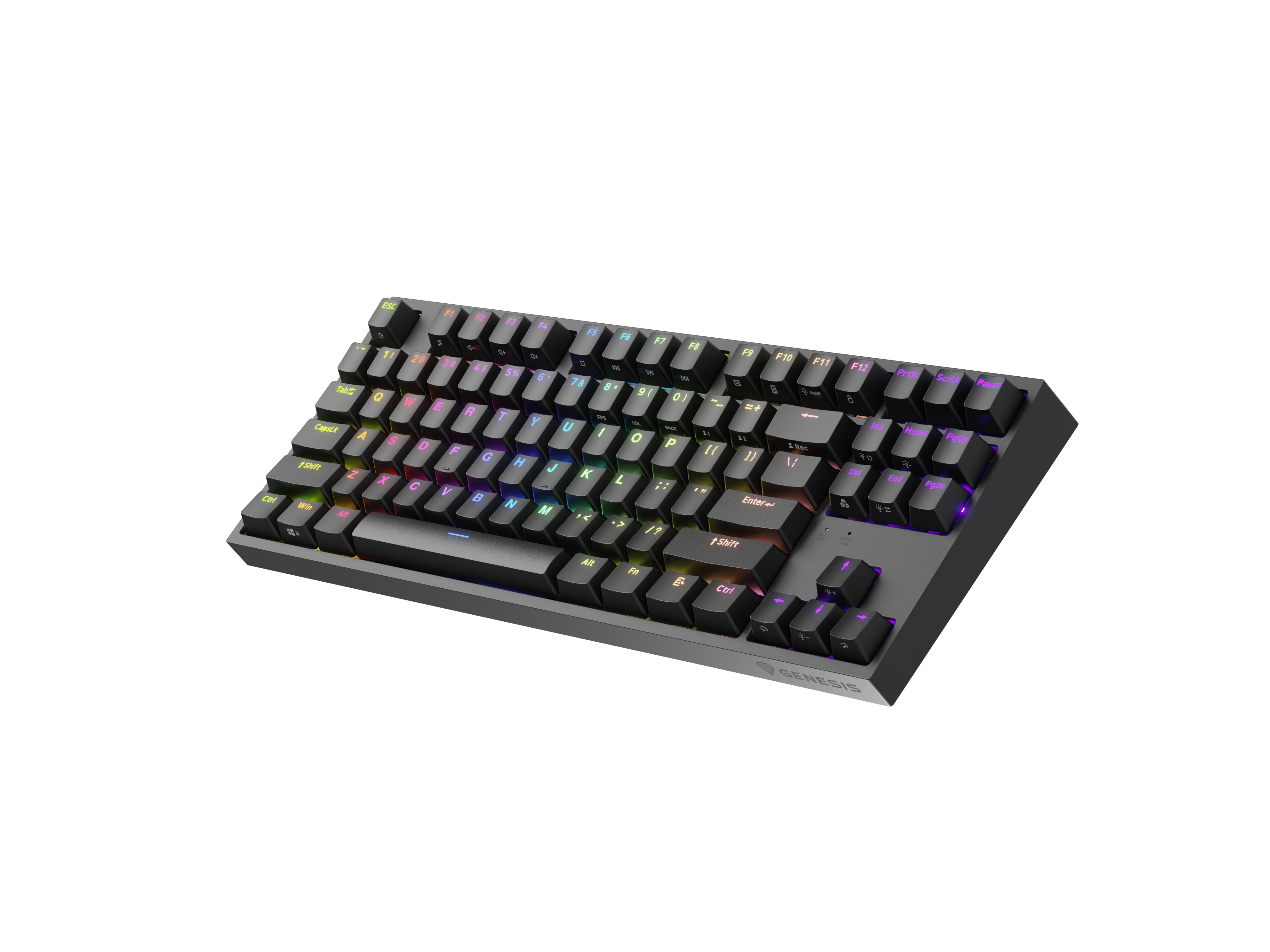 Szara klawiatura gamingowa z podświetlanymi klawiszami RGB na czarnym tle.