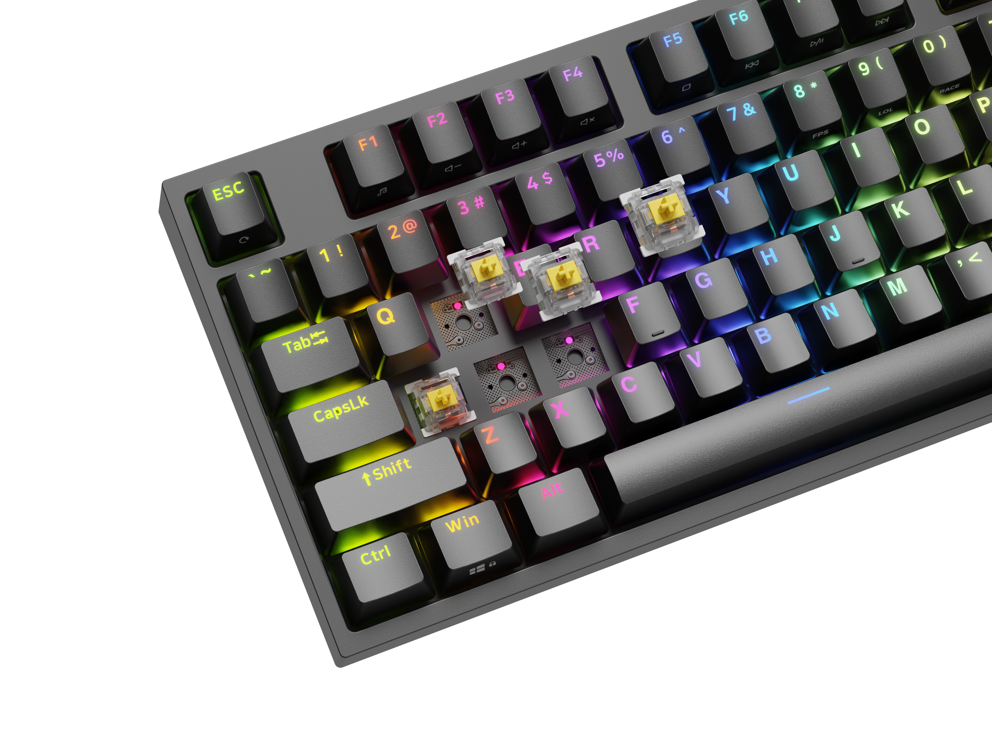 Klawiatura mechaniczna z oświetleniem RGB i widocznymi przełącznikami.