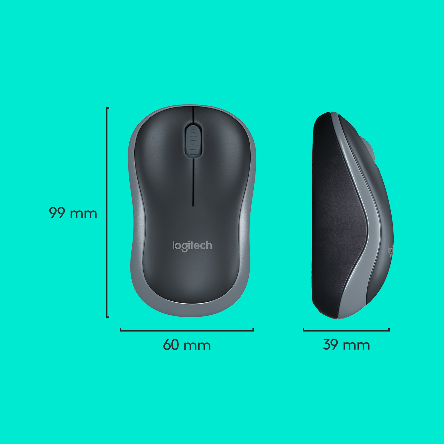 Mysz Logitech: Widok z góry (60mm) i z boku (39mm) z wysokością (99mm).