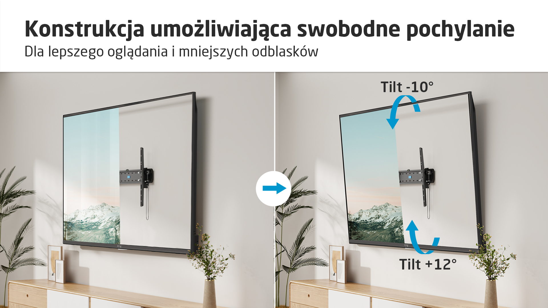 Ekran telewizora na uchwycie ściennym, pokazujący opcje pochylenia.