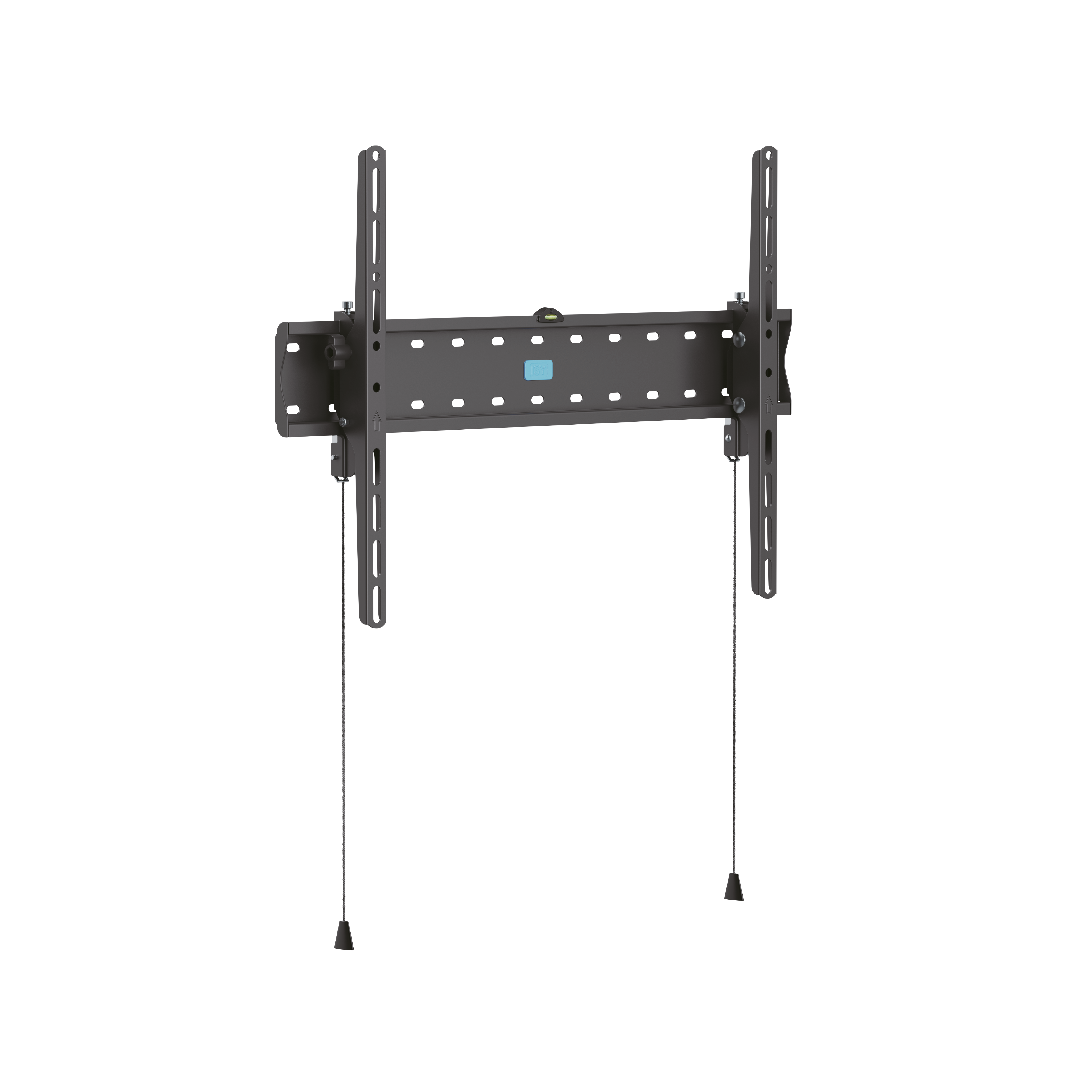 Szary uchwyt ścienny do telewizora z poziomicą i linkami.