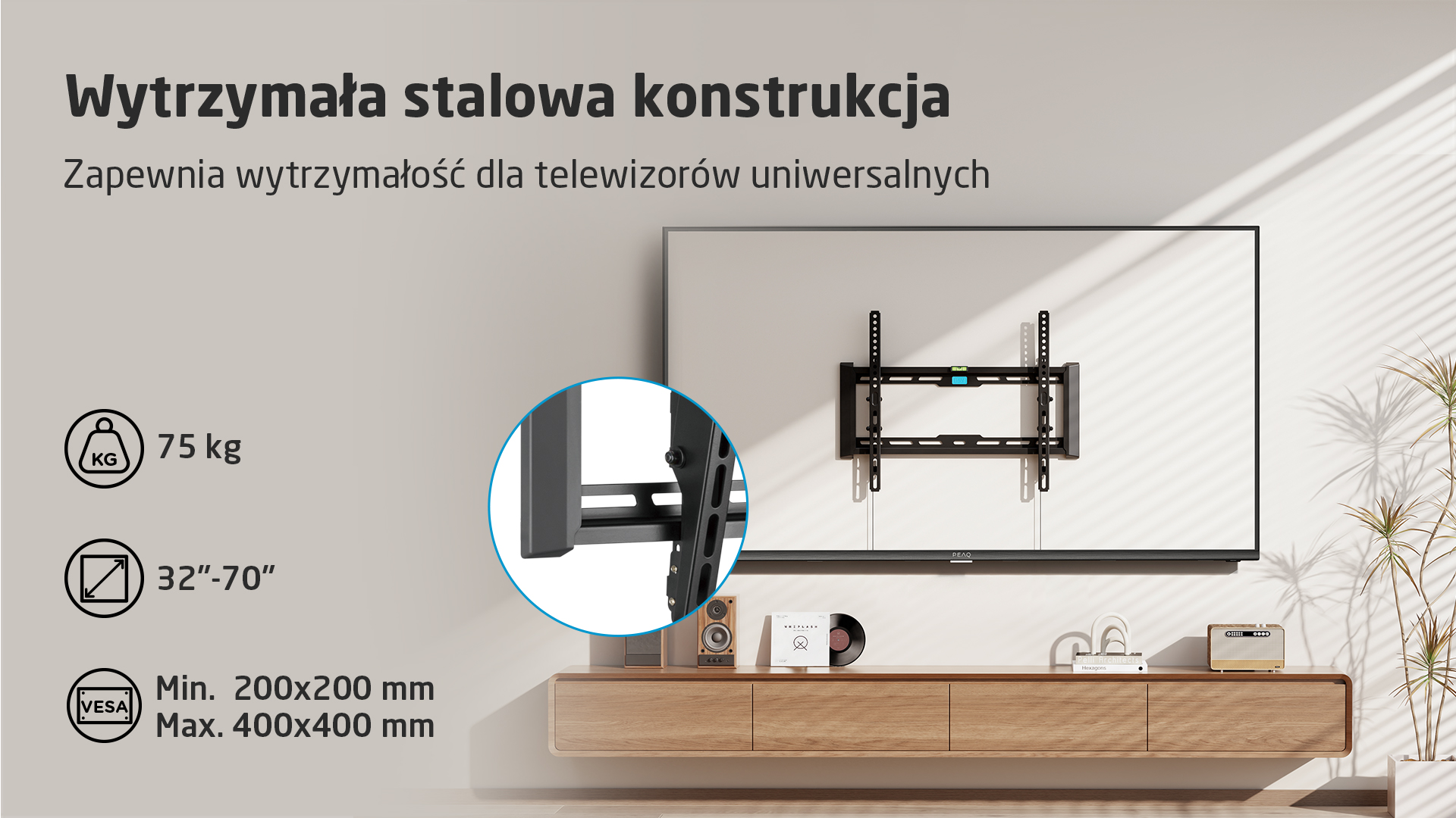 Stalowy uchwyt TV 32-70 cali, udźwig 75kg, VESA 200-400mm.