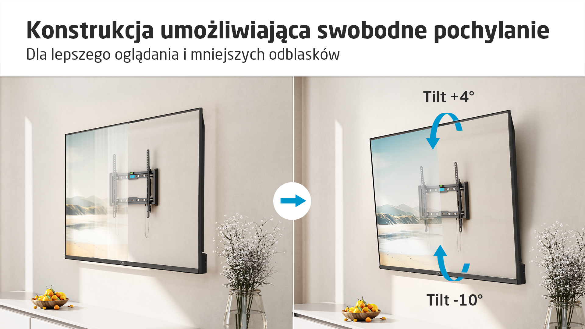 Telewizor płaskoekranowy na uchwycie ściennym, z regulacją nachylenia.