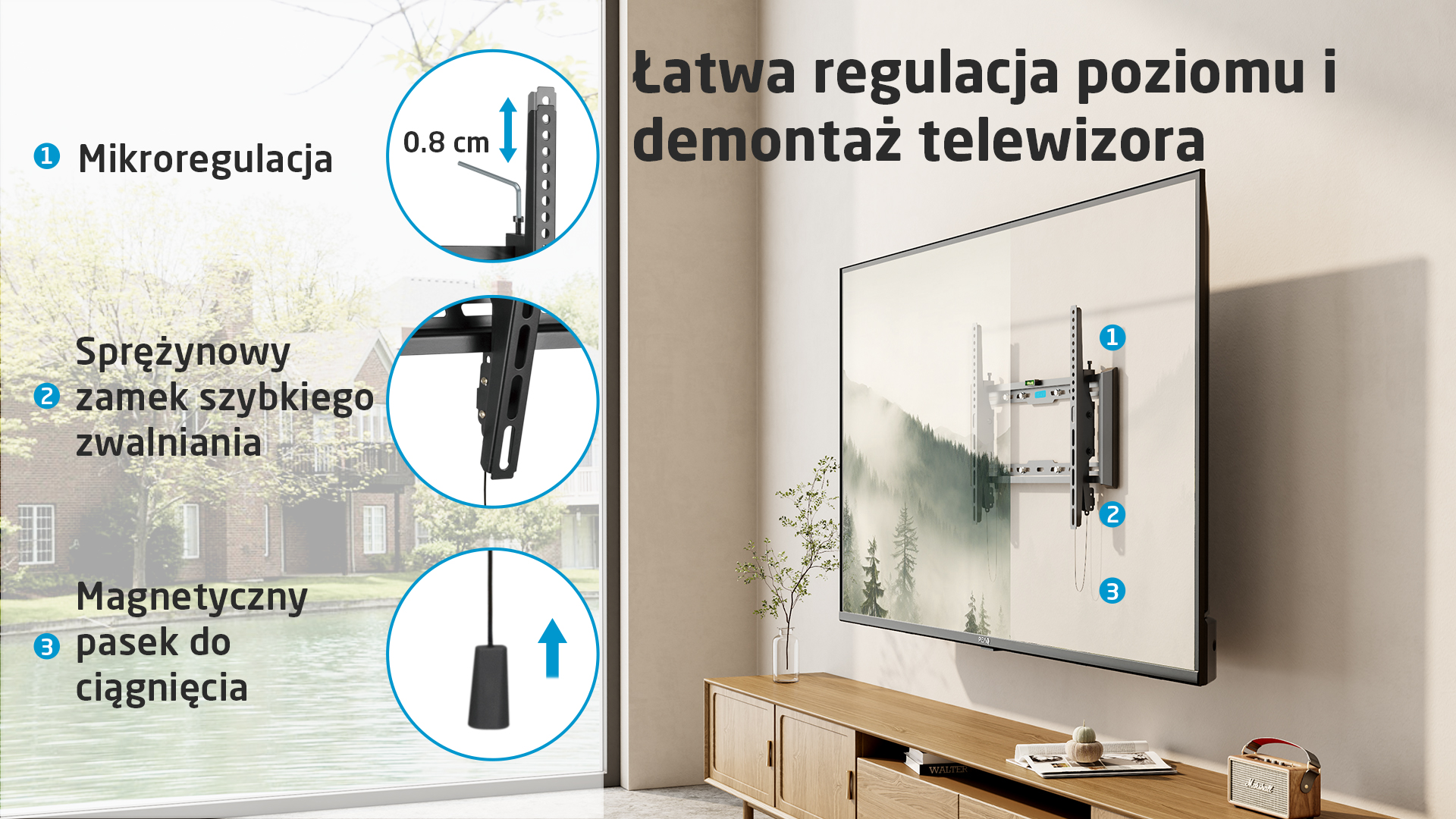 Uchwyt TV z mikroregulacją, szybkozłączką i magnetycznym paskiem.