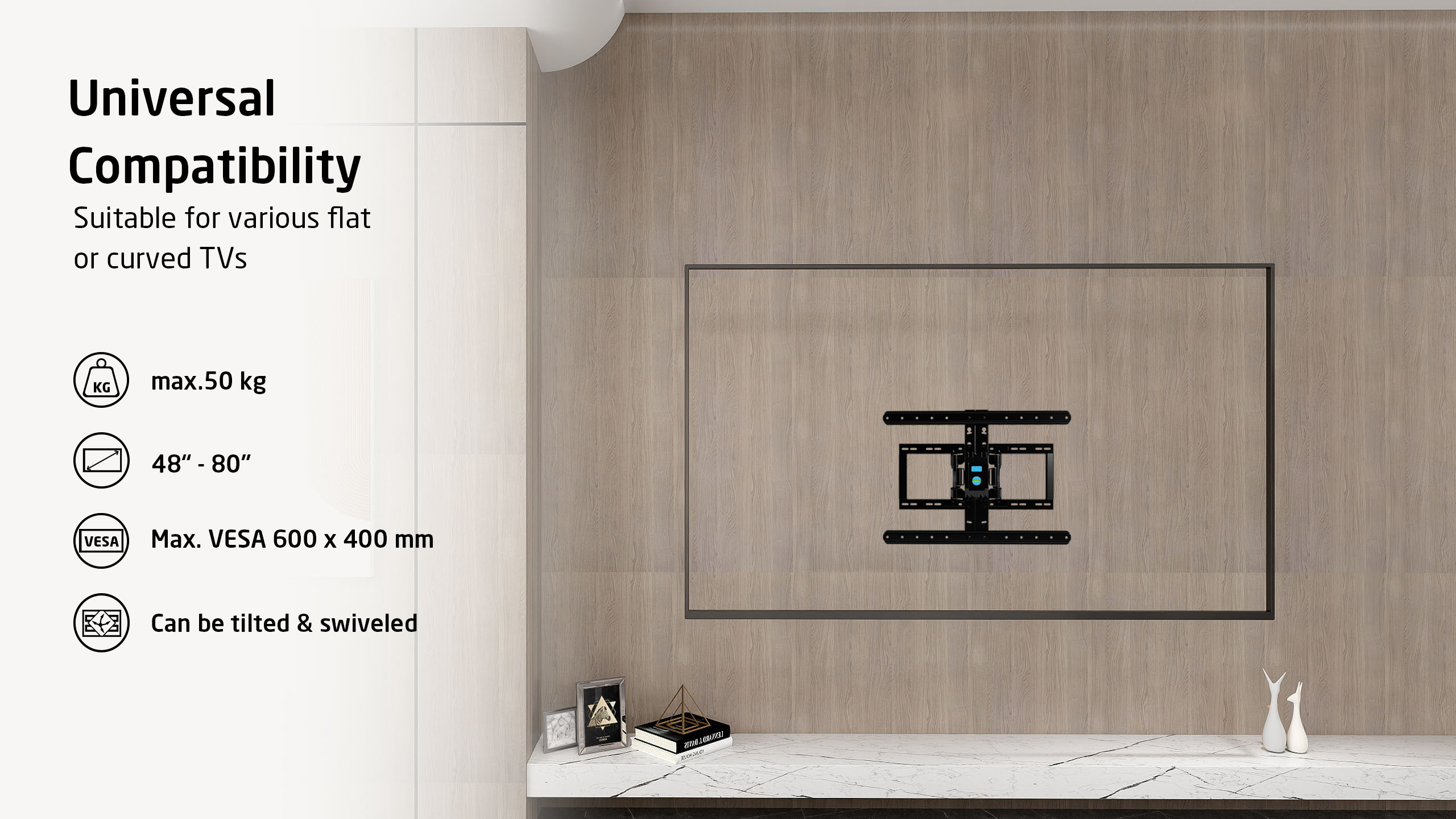 Czarny uchwyt ścienny do TV na ścianie z fornirem; maks. 50 kg, 48-80 cali.