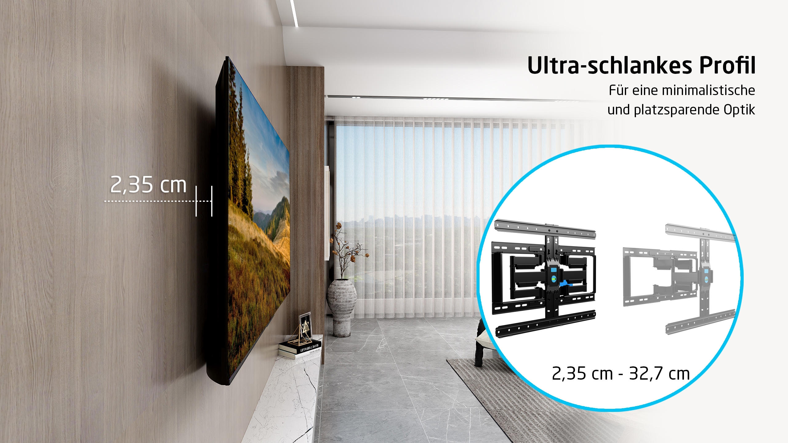 Płaski telewizor na uchwycie ściennym, głębokość 2,35 cm. Minimalistyczny design.
