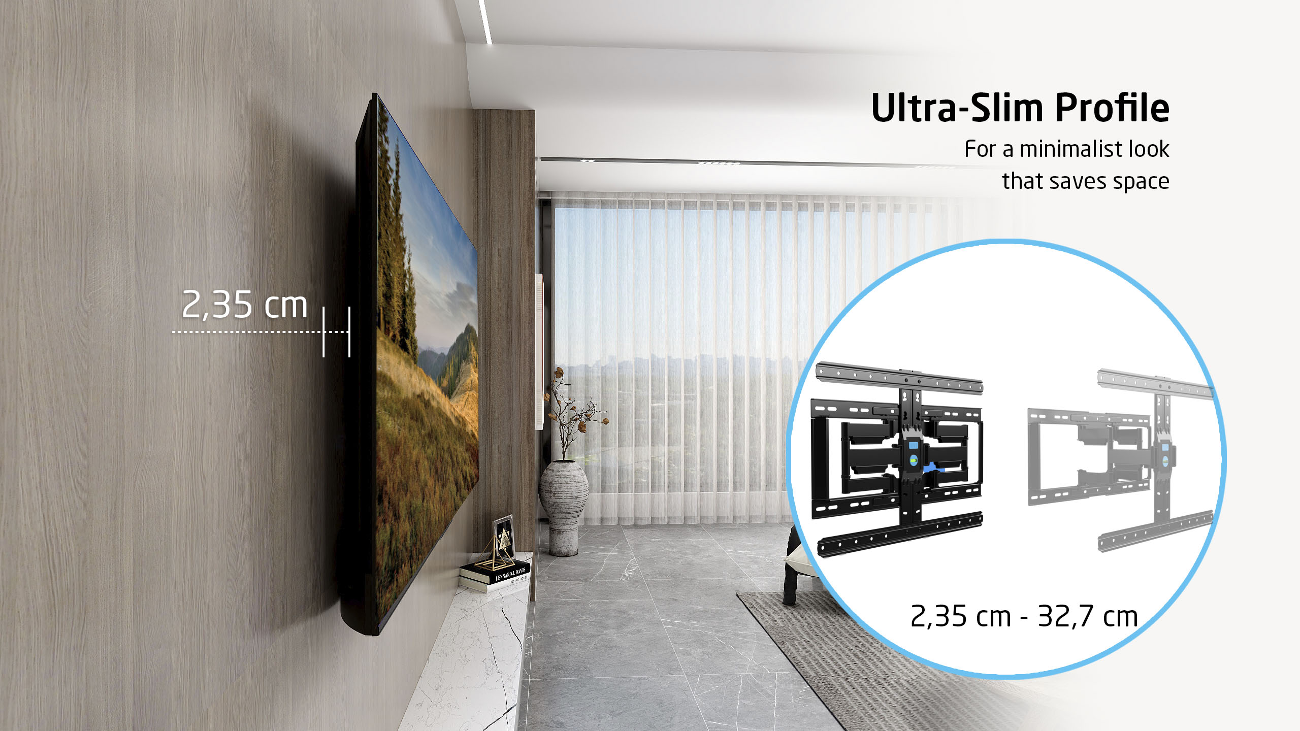 Szczegół smukłego uchwytu ściennego do telewizora z wymiarami.