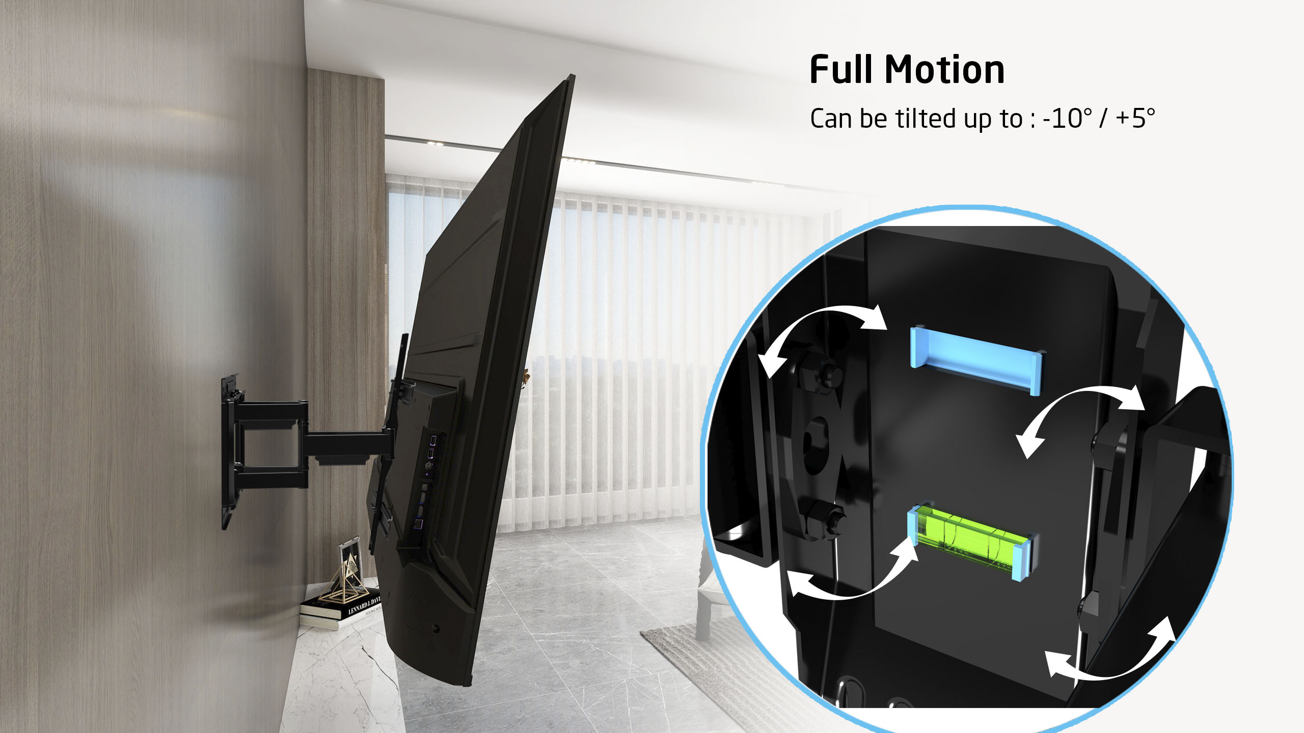 Czarny uchwyt do telewizora na ścianie, z zbliżeniem mechanizmu pochylania.