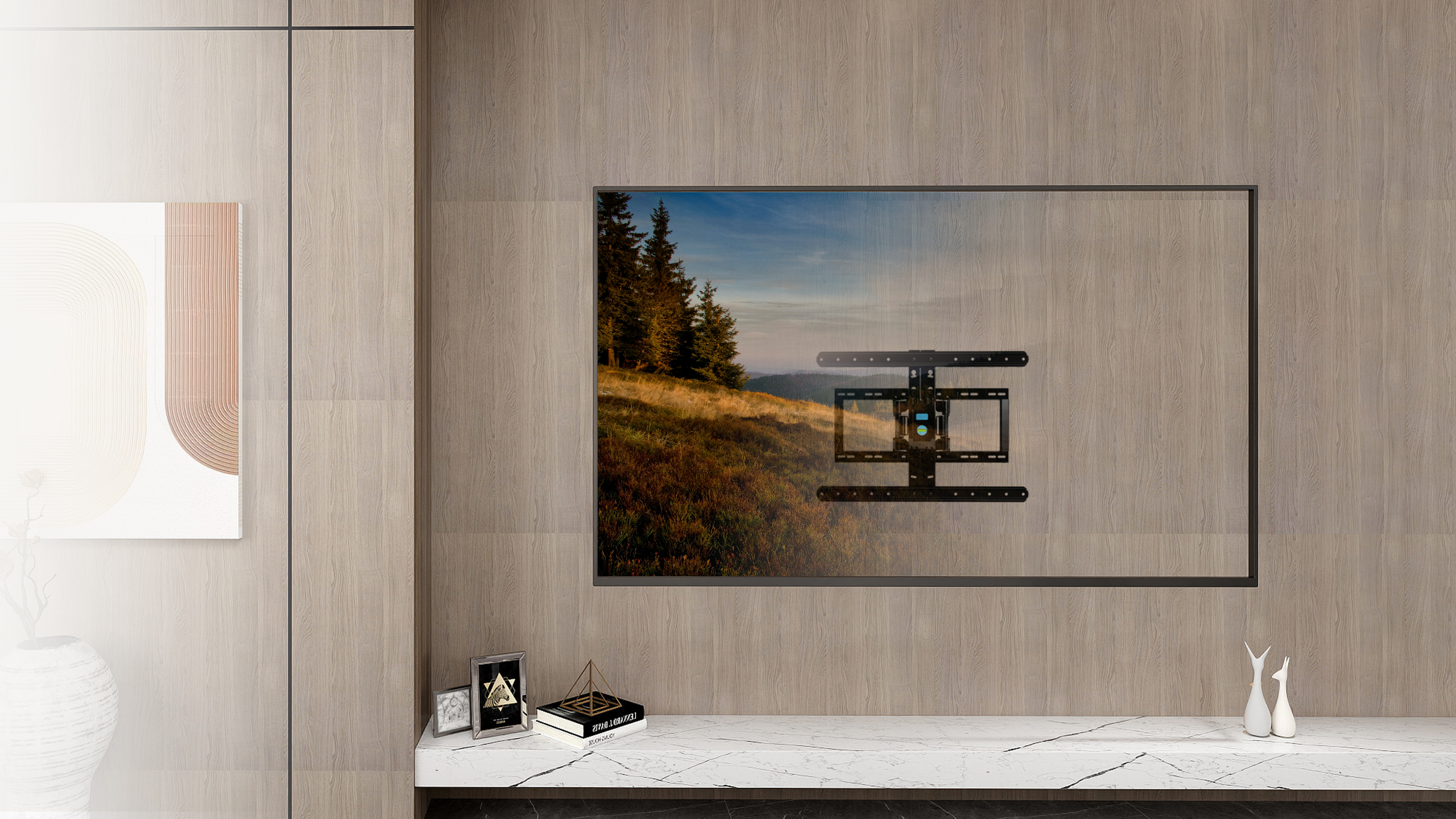 Nowoczesny salon z telewizorem naściennym wyświetlającym scenę leśną.