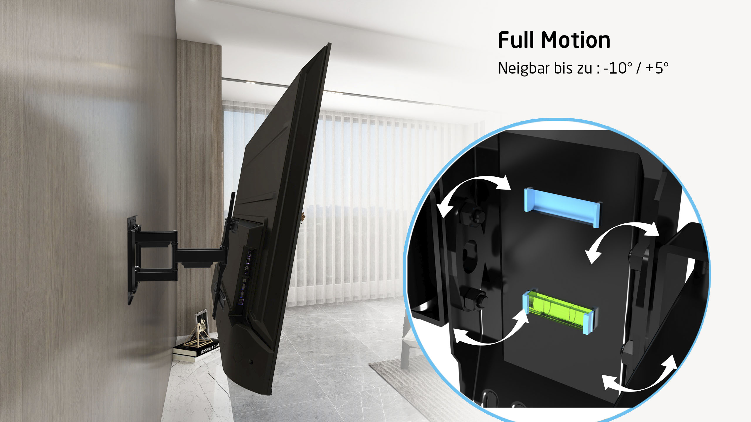 Obrotowy uchwyt TV na ścianie z zbliżeniem mechanizmu pochylania.
