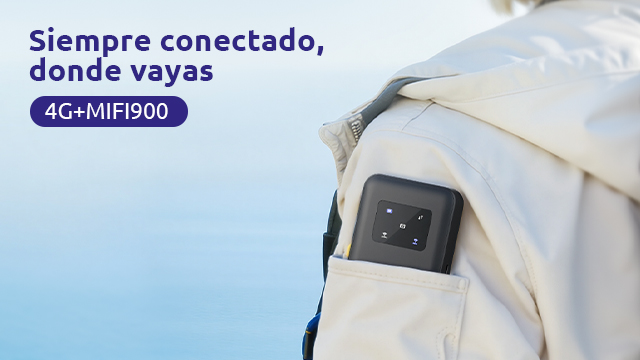 Un router 4G+MIFI900 negro está en el bolsillo de una chaqueta beige claro.