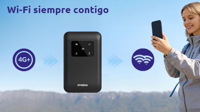 Un router 4G+ negro en el centro, con símbolos 4G+ y WiFi. Una mujer sostiene un smartphone.
