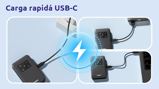 Un dispositivo USB-C negro se conecta a un enchufe, un banco de energía y un portátil.