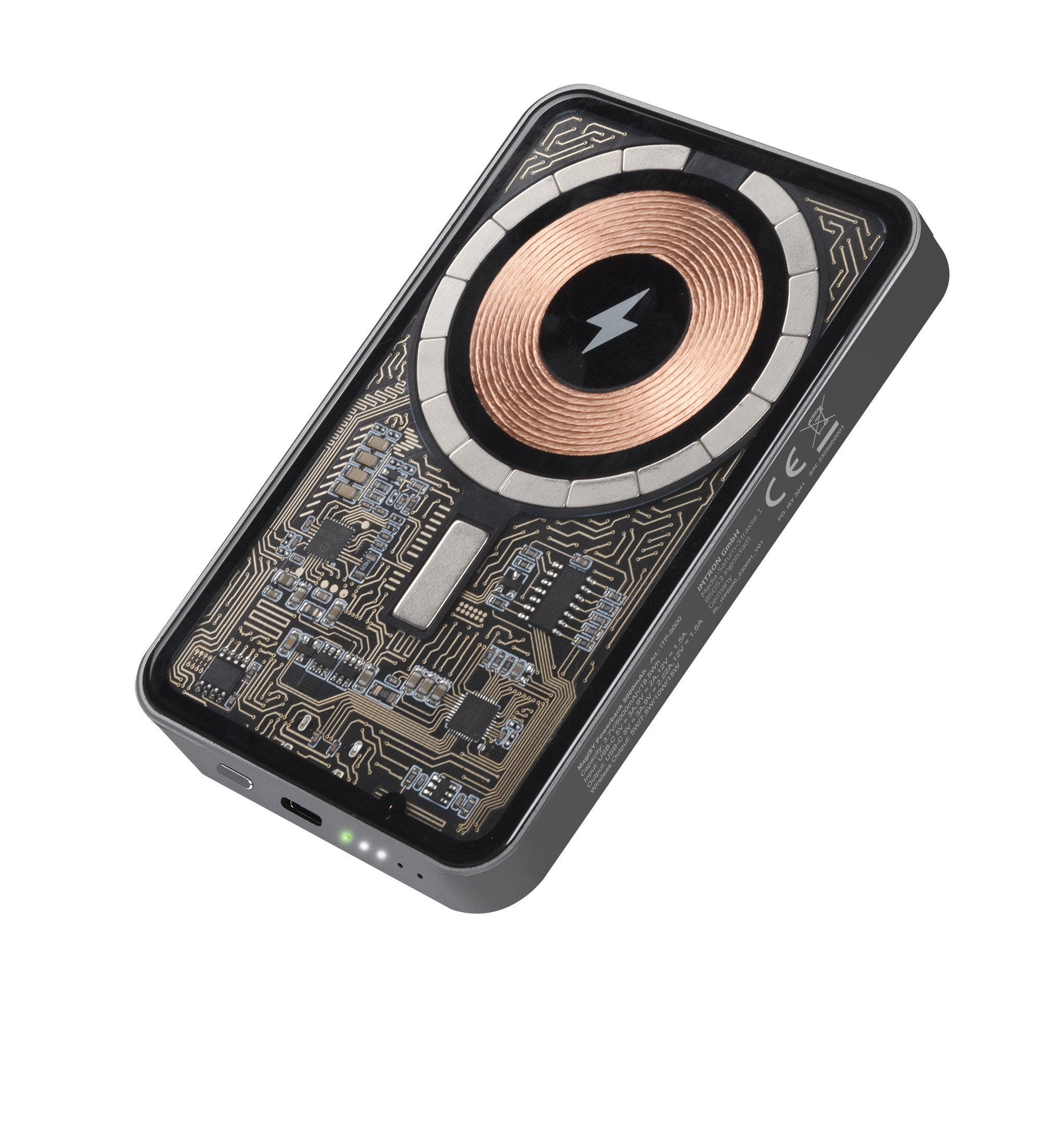 Srebrny power bank z przezroczystą obudową pokazuje cewki i płytki drukowane.