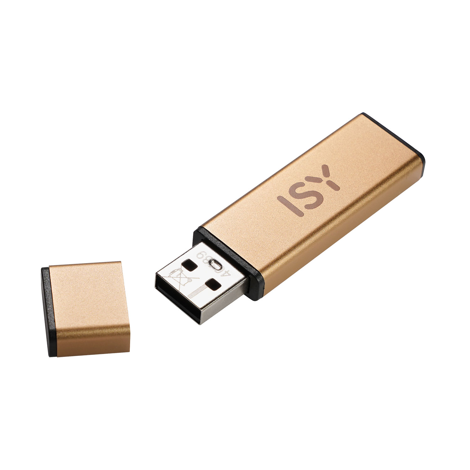 Złoty pendrive z zdjętym wieczkiem, wygrawerowane logo ISY na obudowie.