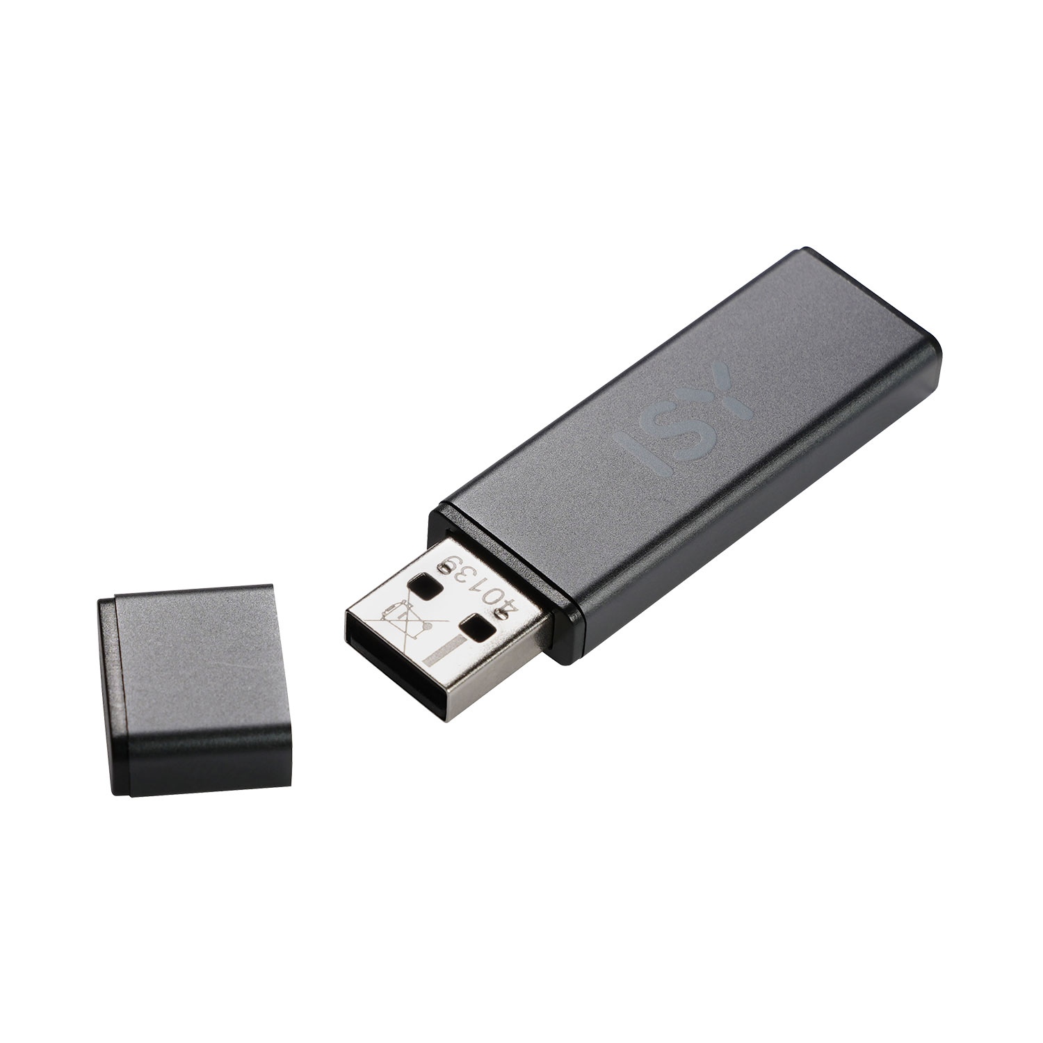 Czarny pendrive z zdjętym wieczkiem leży na białym tle.