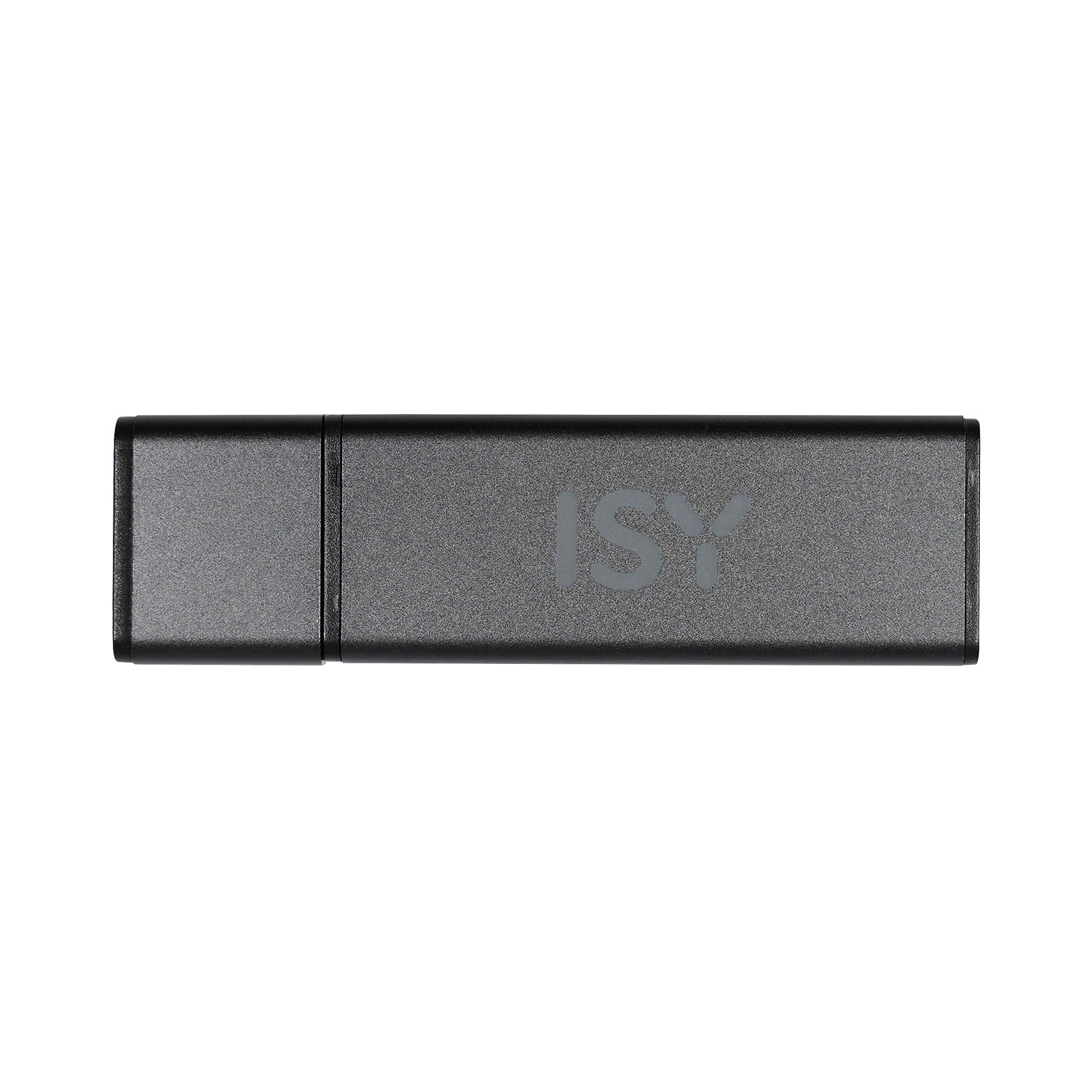 Szary pendrive z logo ISY, na białym tle.