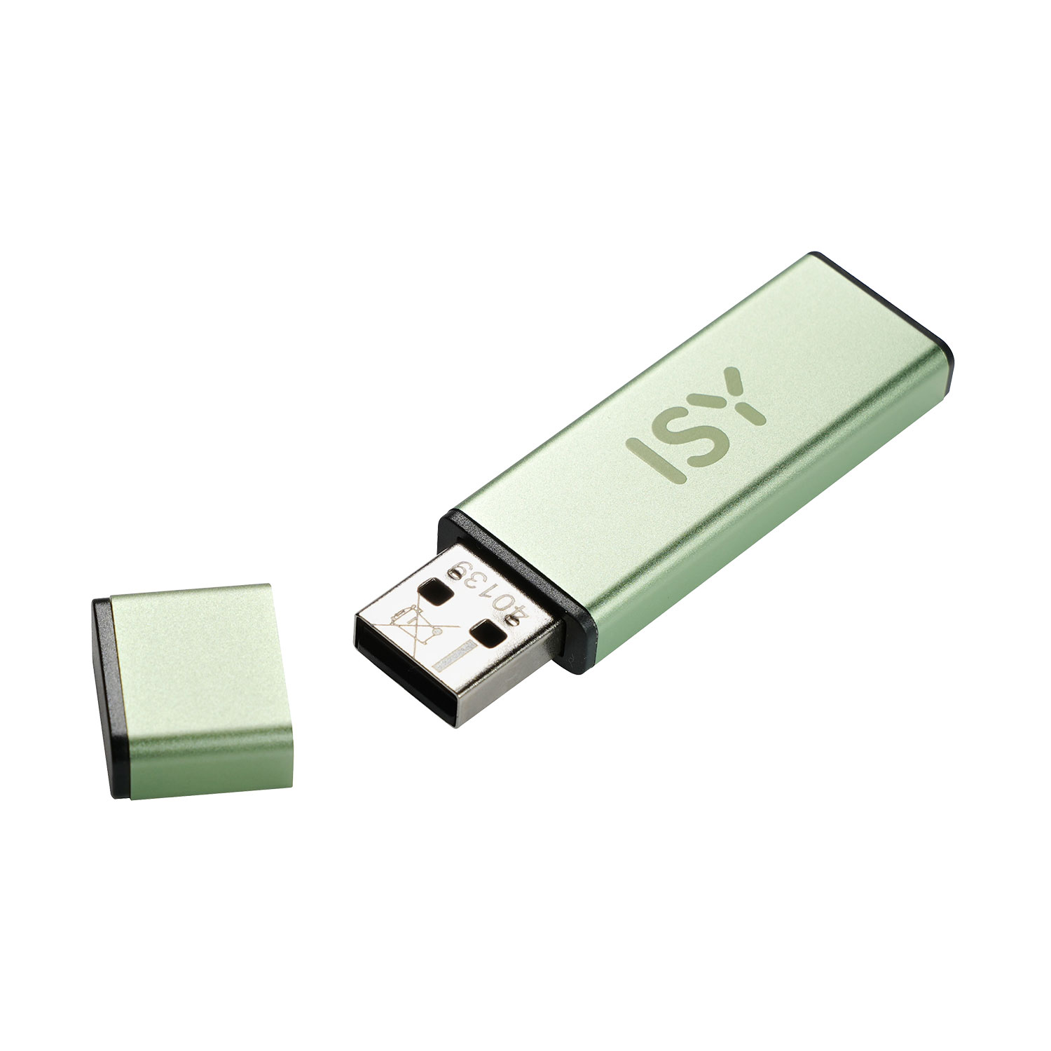 Zielony pendrive USB ze zdjętym wieczkiem na białym tle.