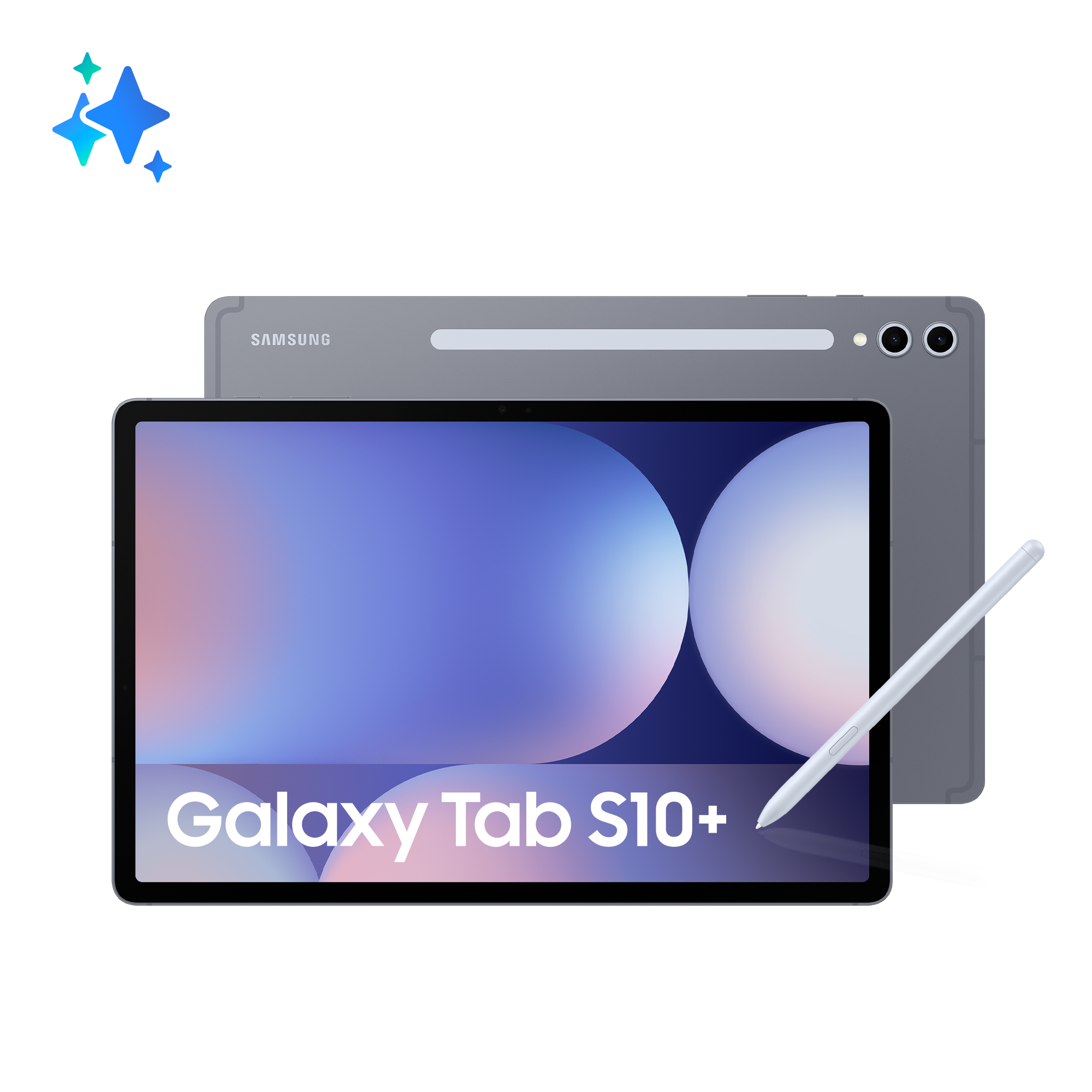 Szary Samsung Galaxy Tab S10+ ze stylusem, na białym tle.