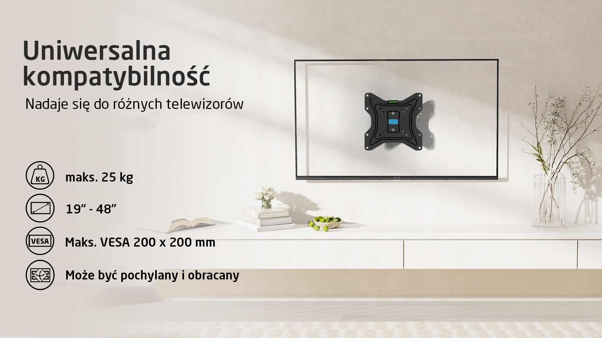 Uchwyt ścienny do TV do 25 kg, 19-48 cali, VESA 200x200.