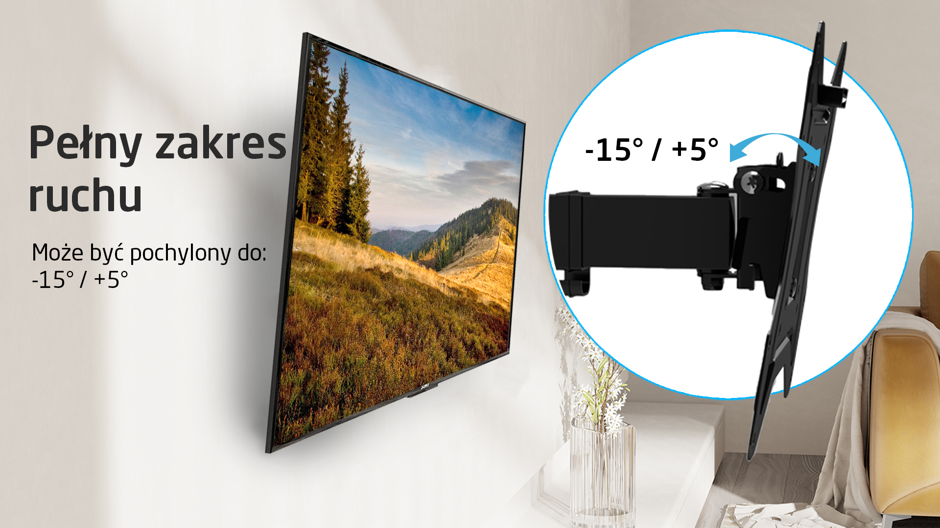 Telewizor na uchwycie ściennym, pokazujący pochylenie, z krajobrazem.