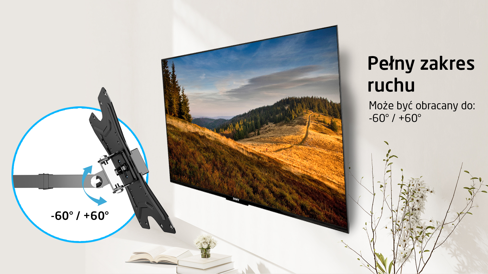 Czarny uchwyt TV pokazuje obrót o -60/+60 stopni.