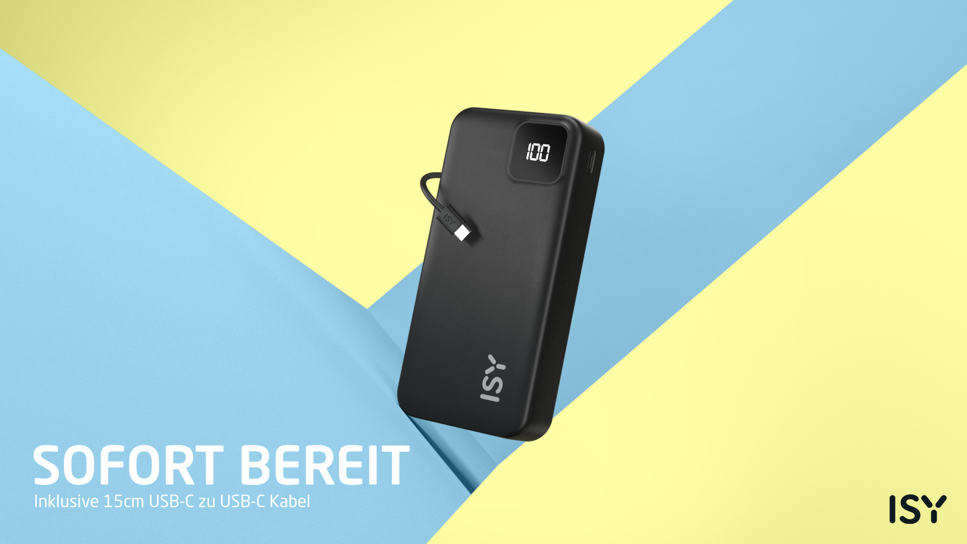 Czarna power bank ISY z 100% naładowania i kablem USB-C, na tle niebiesko-żółtym.