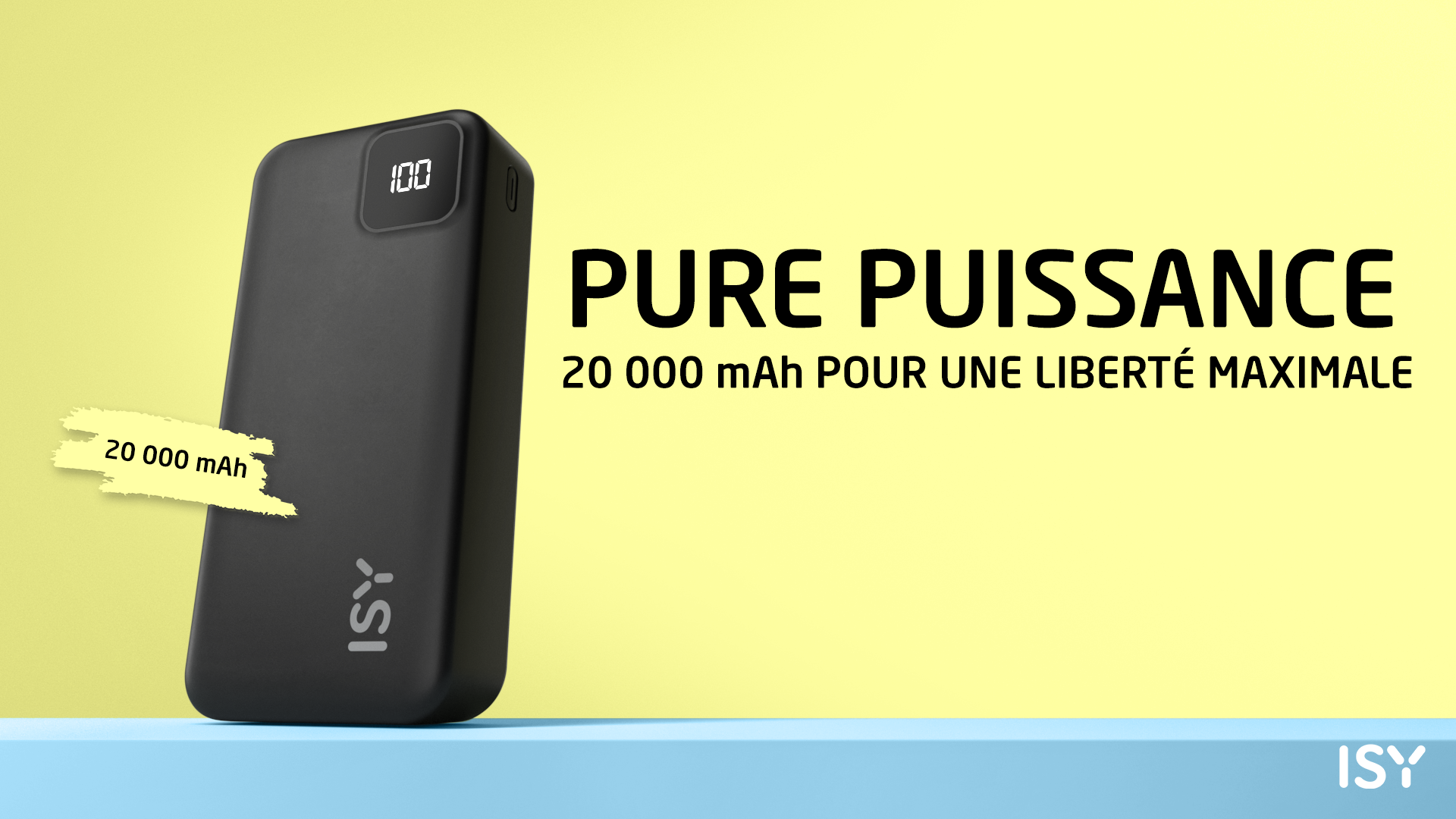 Czarny power bank ISY 20 000 mAh, naładowany w 100%.