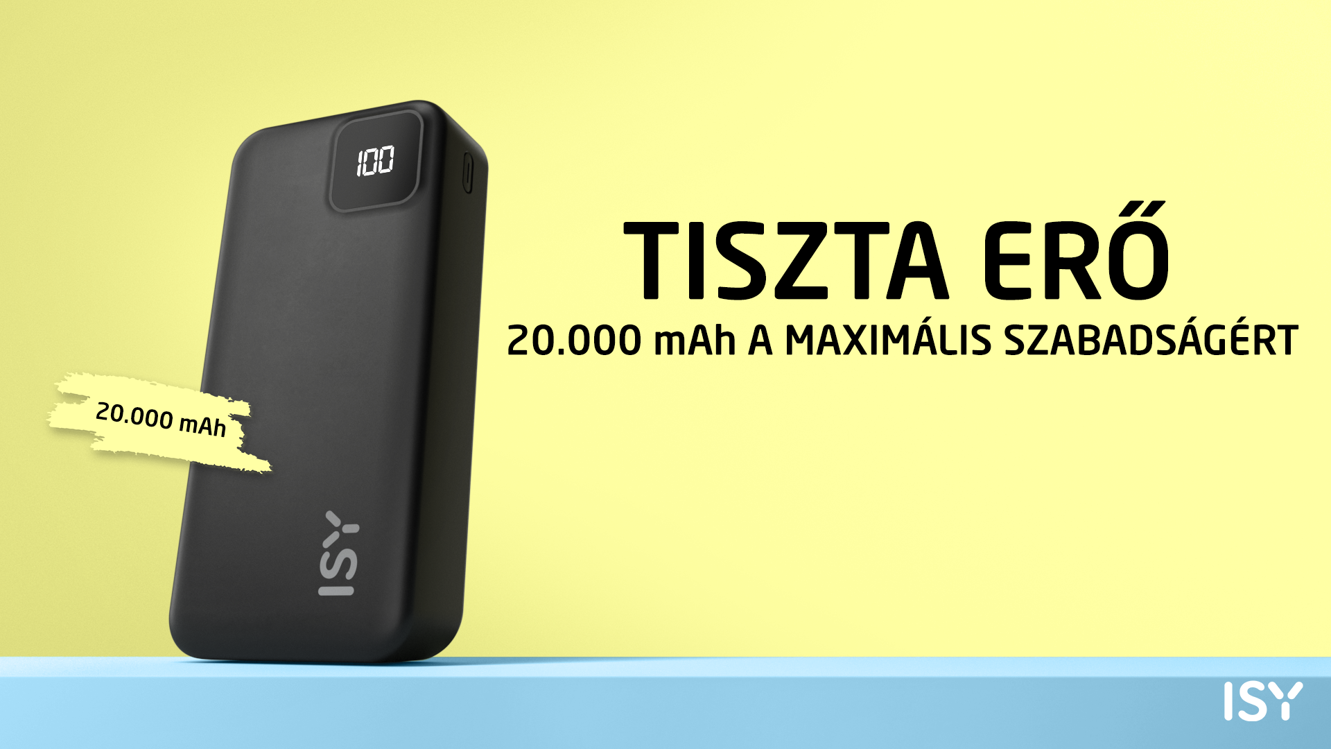 Czarny power bank ISY 20.000 mAh z cyfrowym wyświetlaczem.