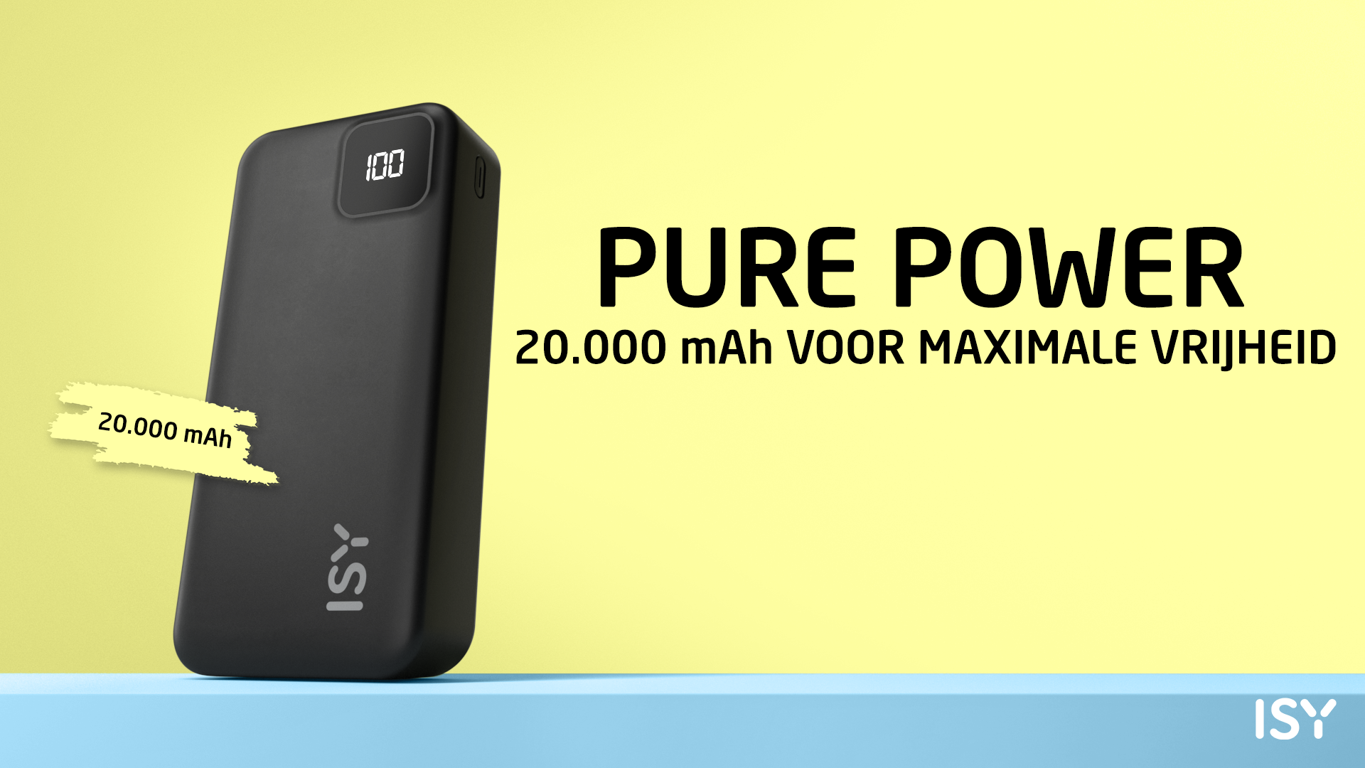 Czarny power bank ISY 20 000 mAh z wyświetlaczem, obok tekstu.