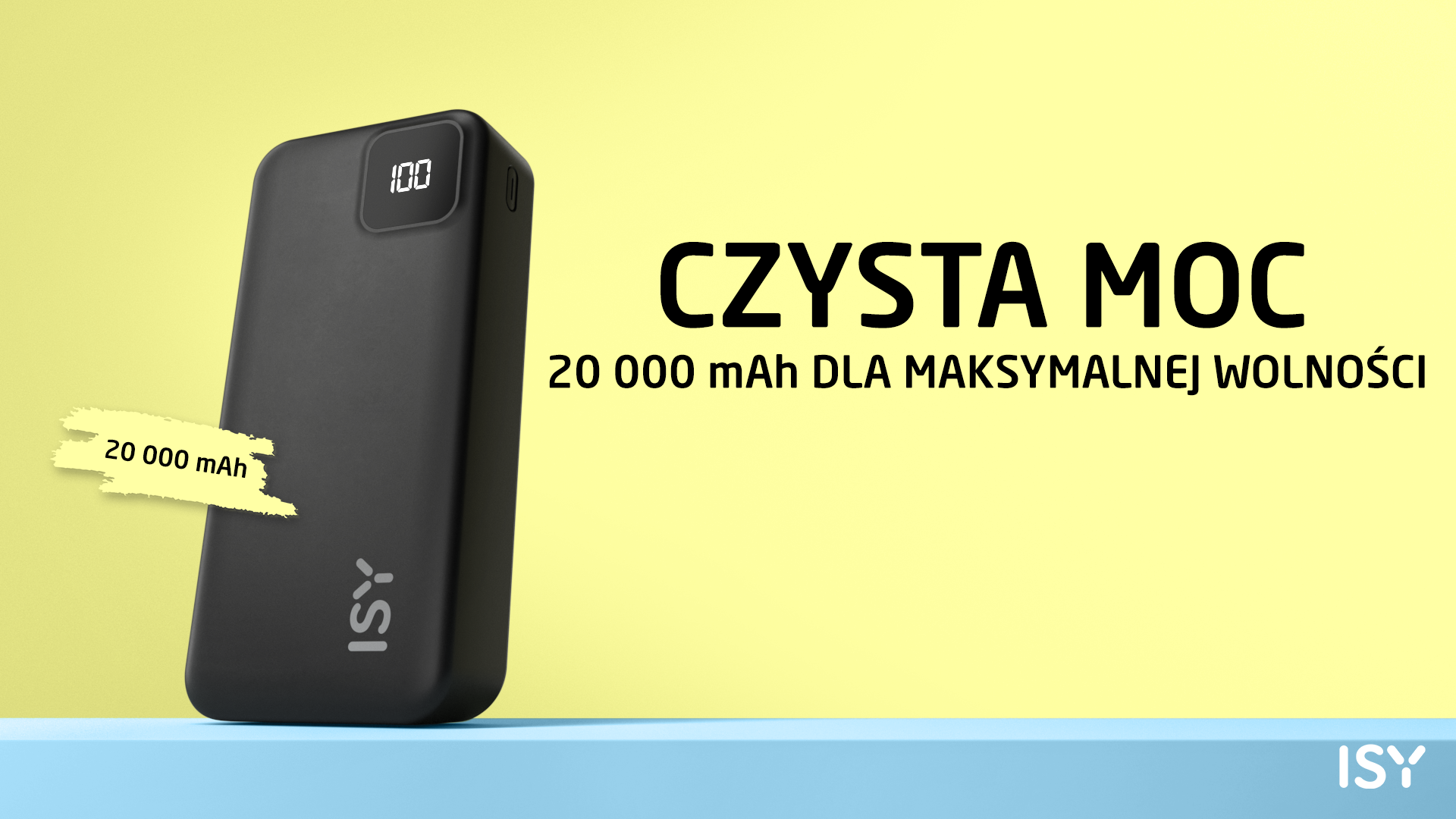 Czarny power bank ISY 20 000 mAh z cyfrowym wyświetlaczem.