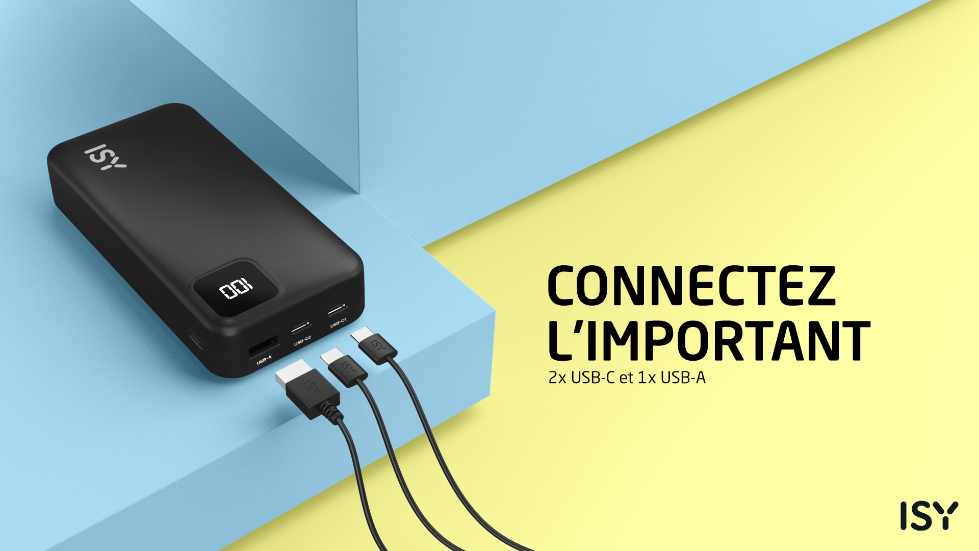 Czarna powerbanka ISY pokazująca 100% naładowania z trzema kablami.