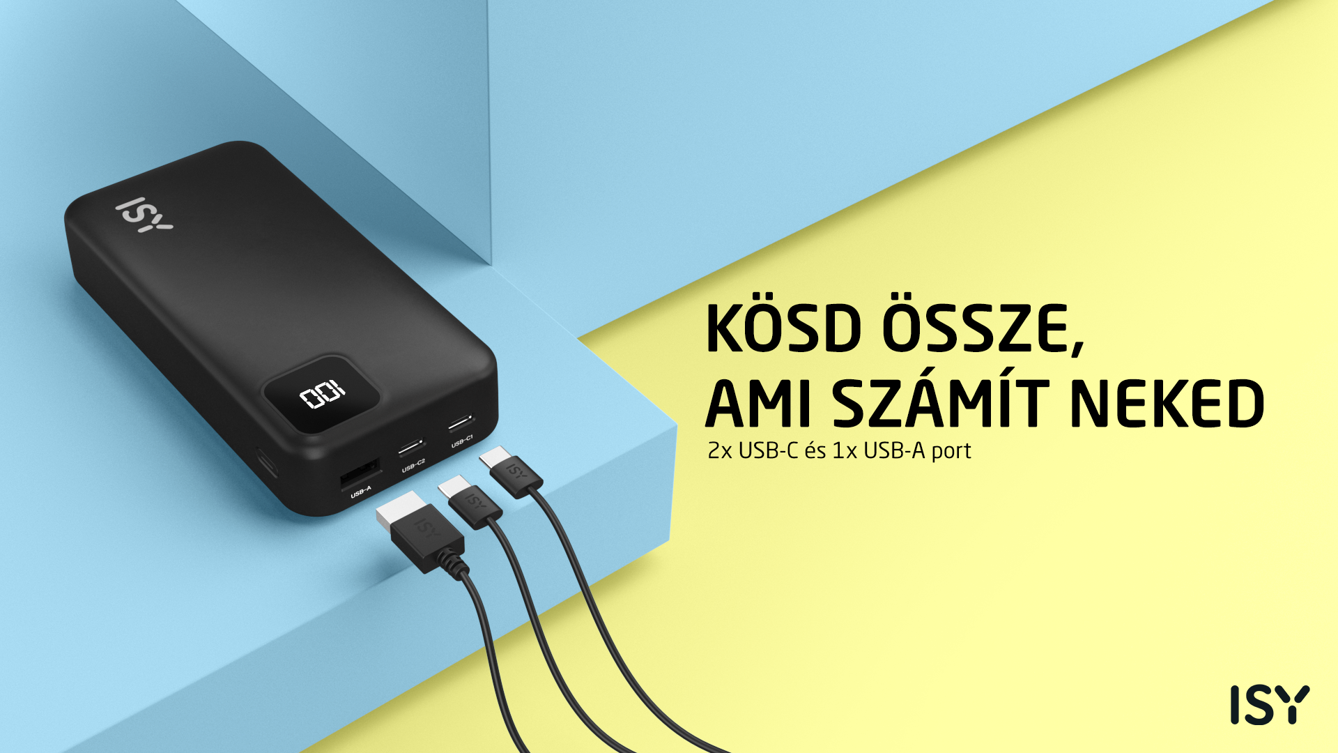 Czarna powerbank ISY z 3 kablami, 2x USB-C, 1x USB-A.