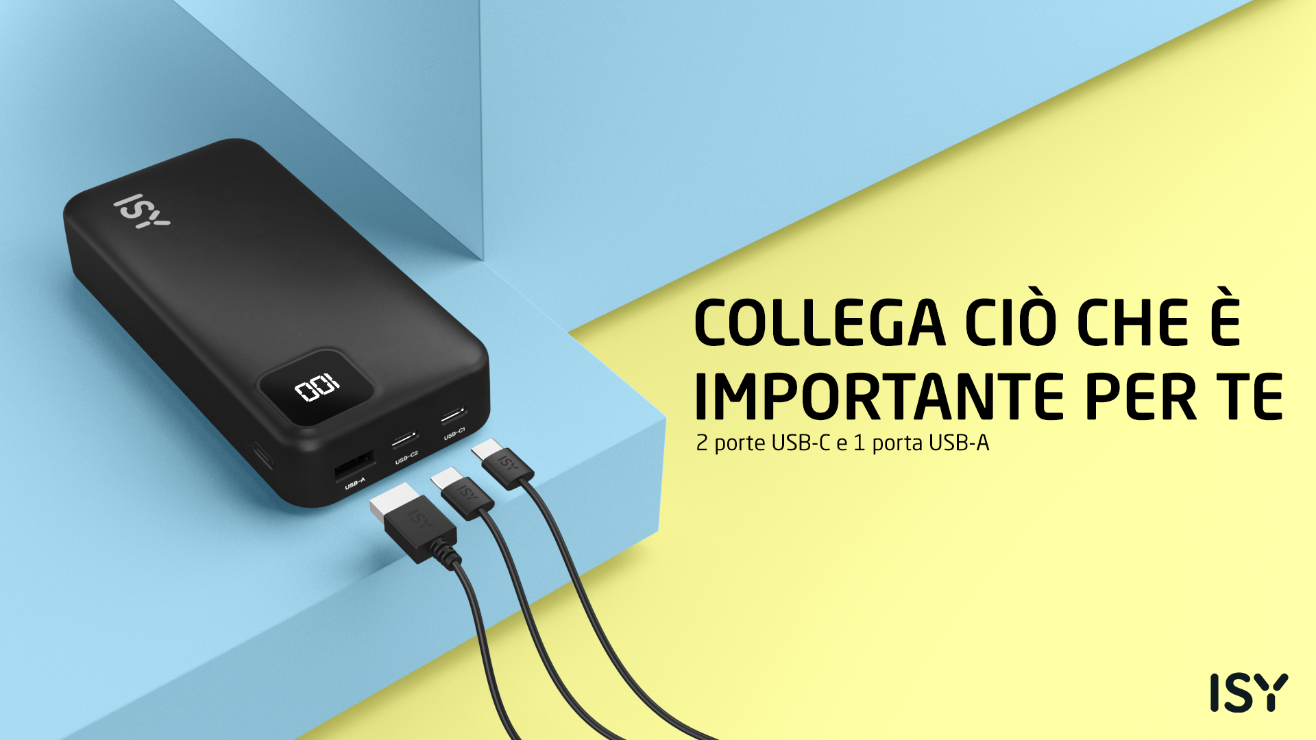 Czarna power bank ISY z cyfrowym wyświetlaczem i trzema kablami.