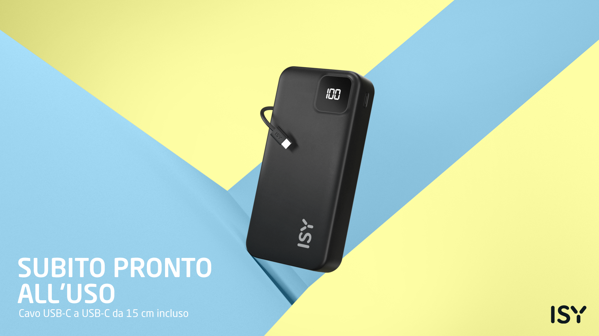 Czarna powerbanka ISY z kablem USB-C na żółto-niebieskim tle.