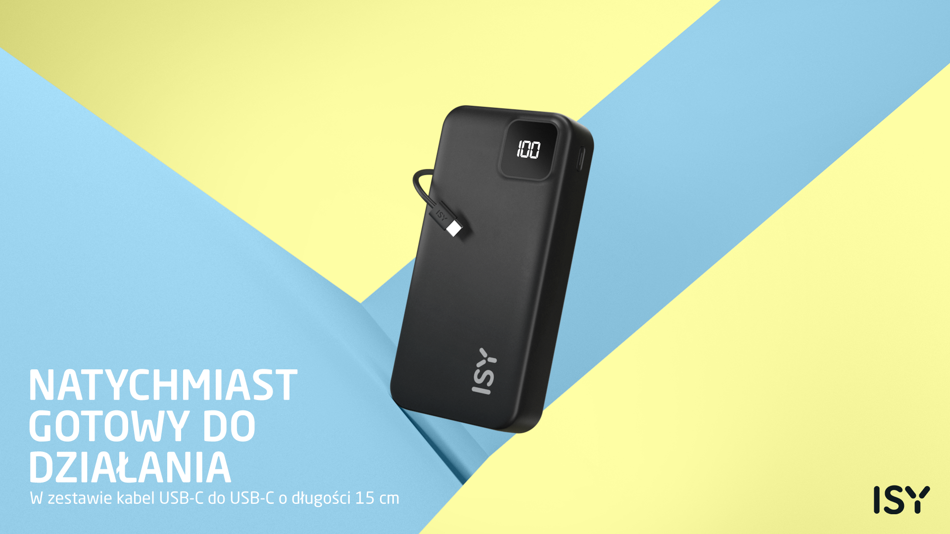 Czarna power bank ISY naładowana w 100% z kablem USB-C na tle żółto-niebieskim.