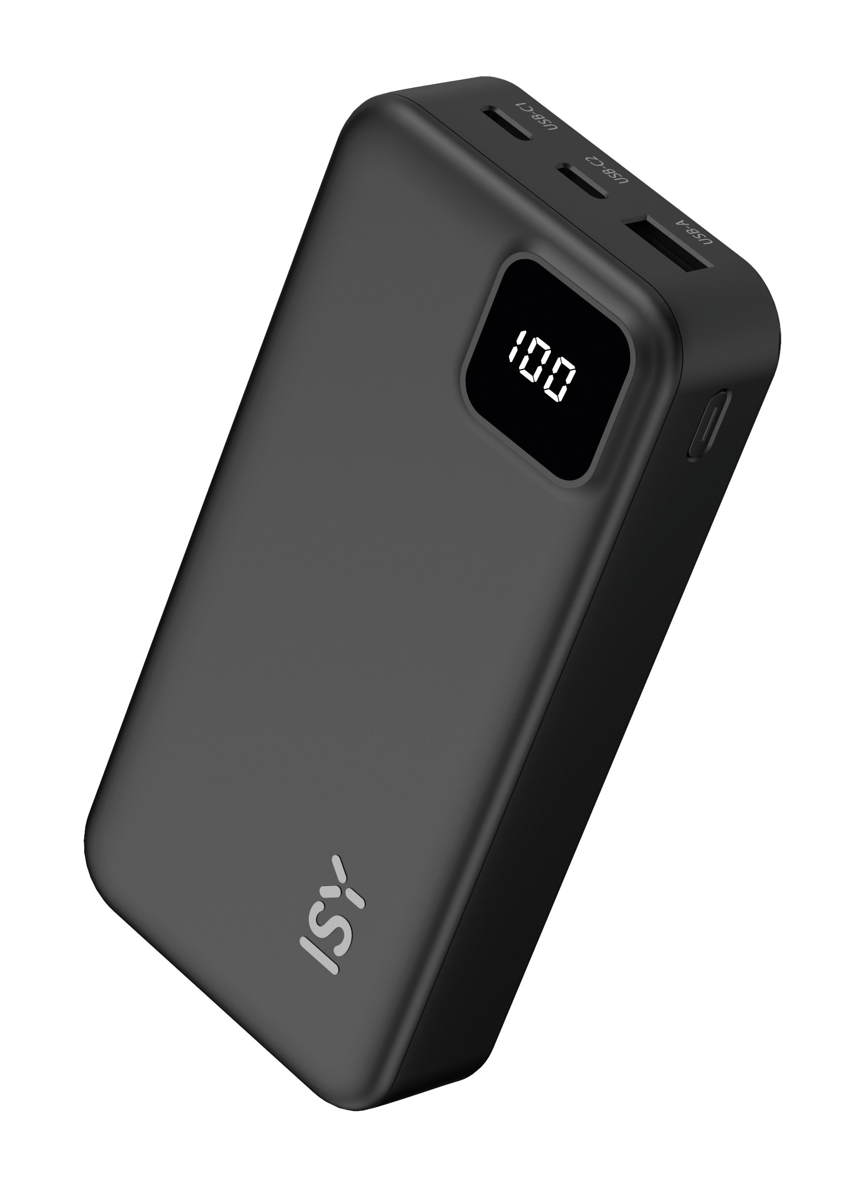 Czarna powerbanka ISY z cyfrowym wyświetlaczem 100, portami USB-C i USB-A.