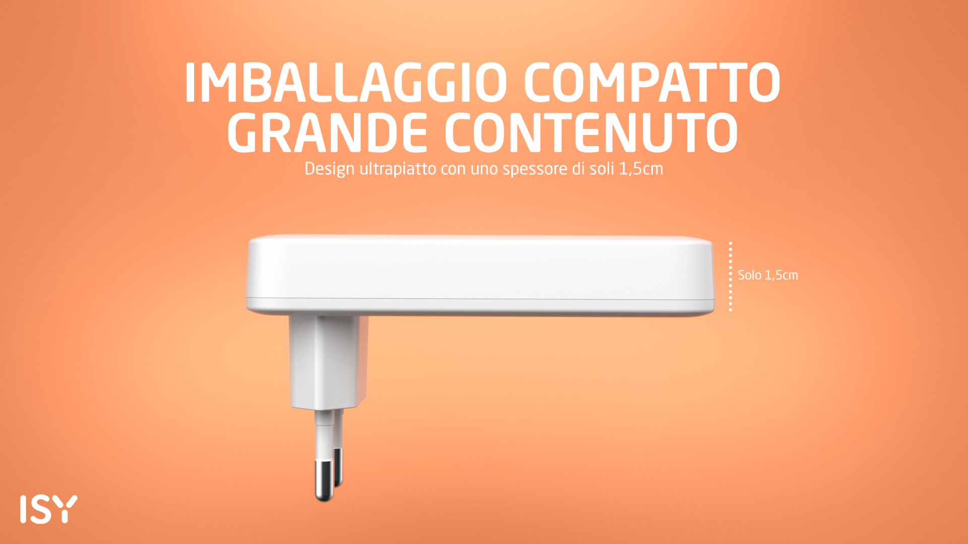 Płaska biała wtyczka ze srebrnymi bolcami na pomarańczowym tle.