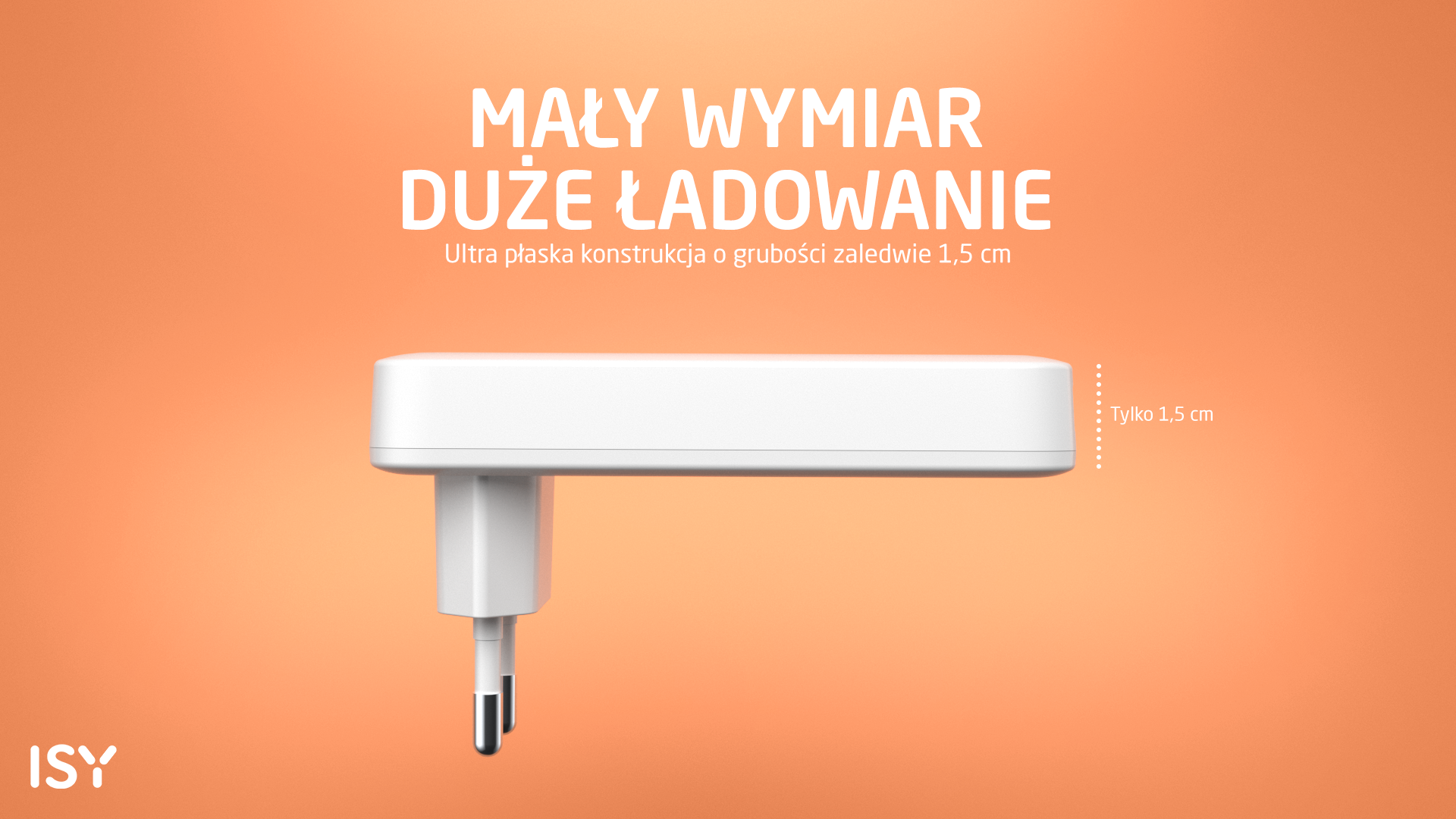 Biała wtyczka o cienkim profilu na pomarańczowym tle.