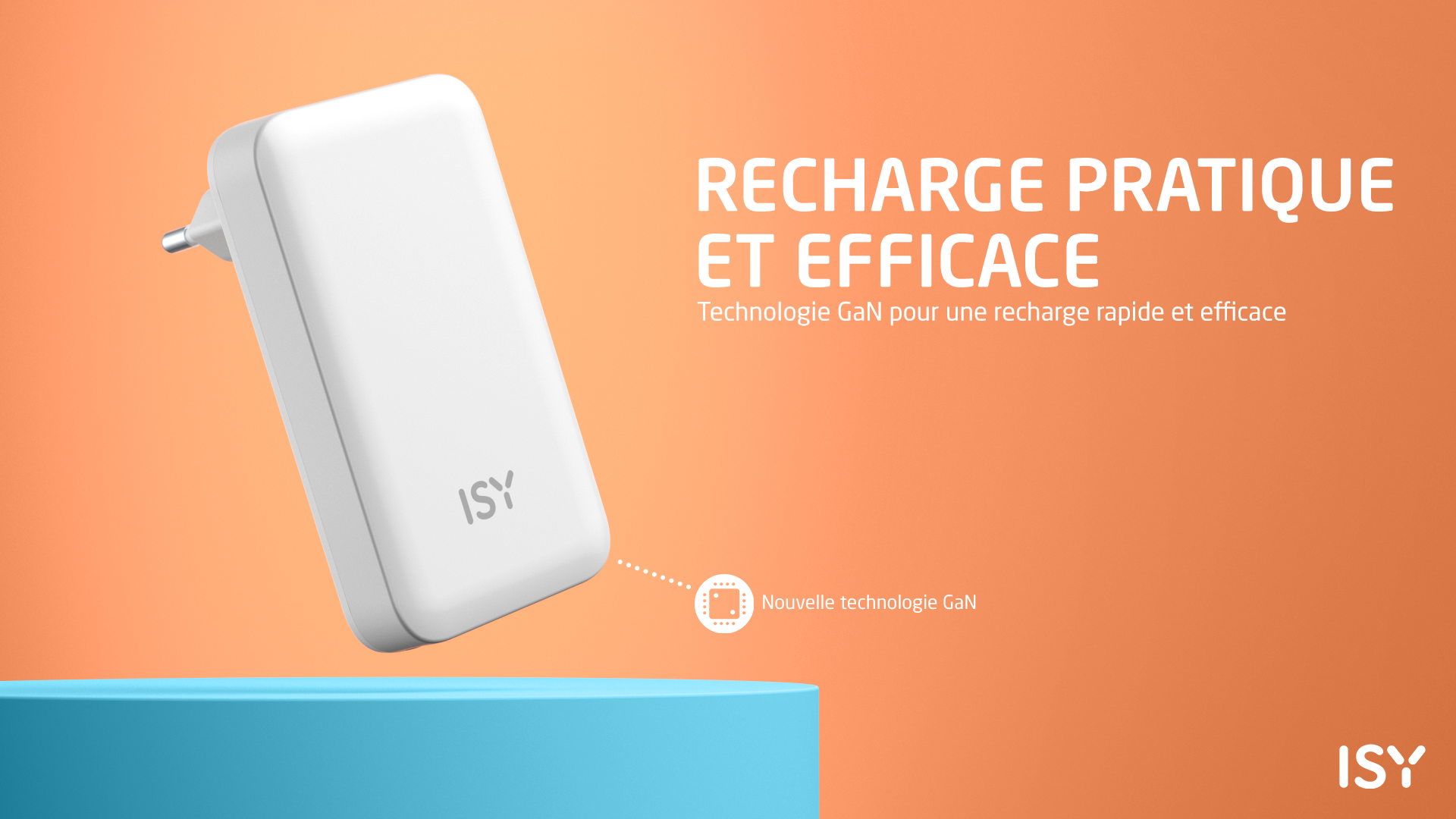 Biała ładowarka ISY na niebieskim postumencie, pomarańczowe tło.