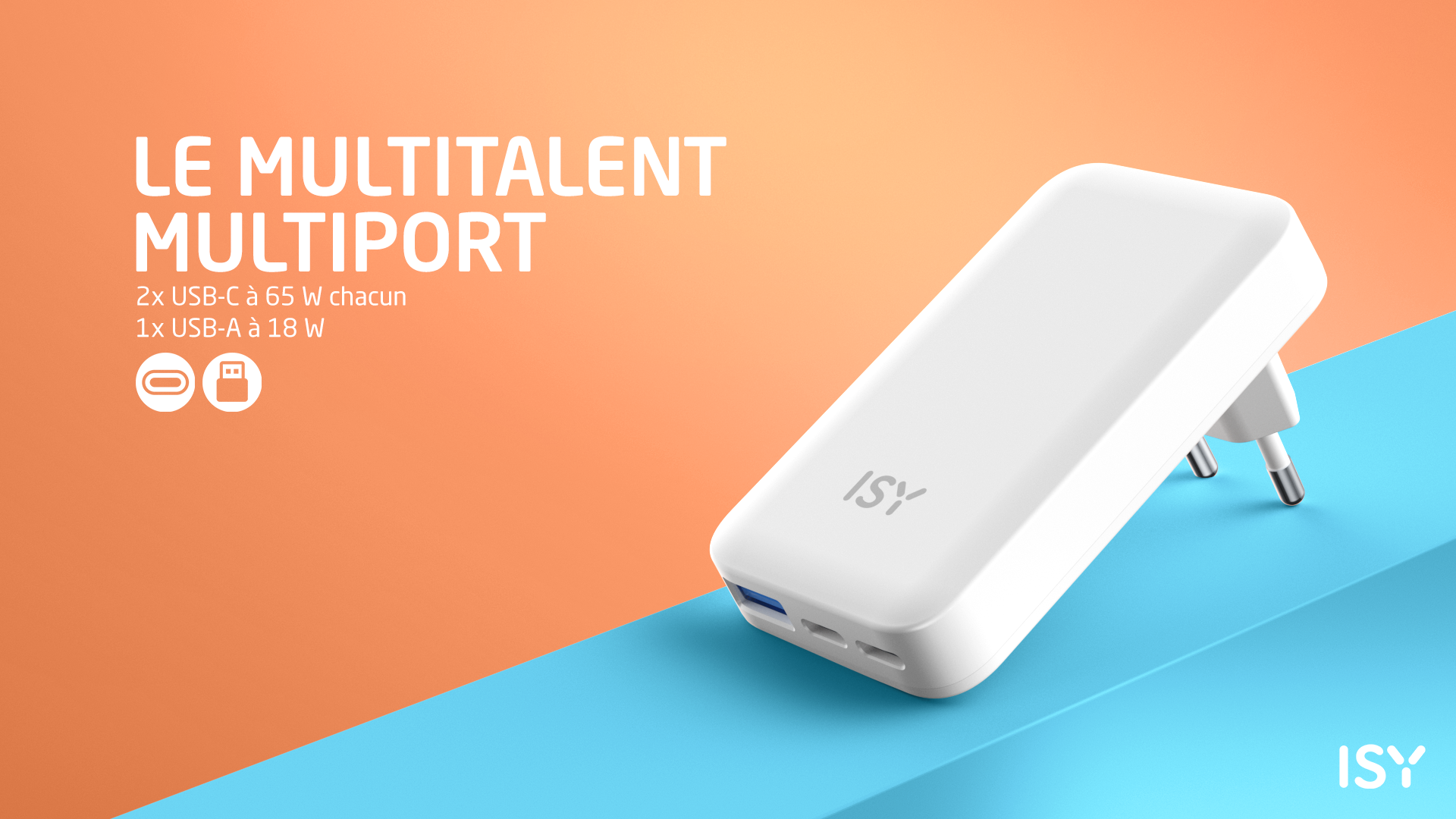 Biała wtyczka ładująca z dwoma portami USB-C i jednym USB-A.