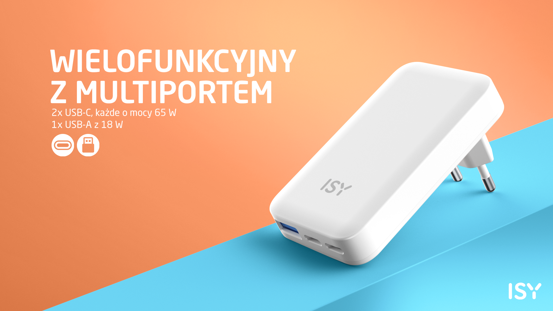 Biała ładowarka ISY z 2 portami USB-C i 1 portem USB-A.