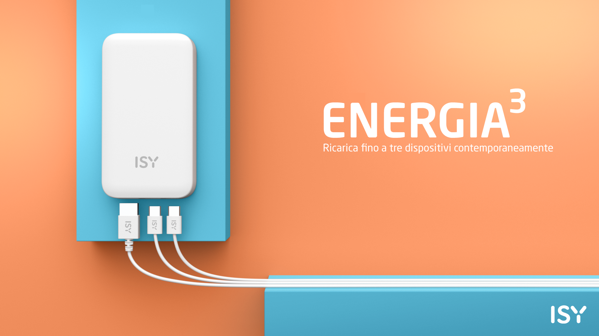 Biała ładowarka ISY z trzema podłączonymi białymi kablami na niebiesko-pomarańczowym tle.
