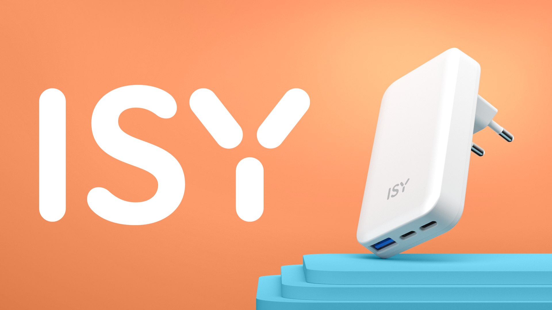 Biała ładowarka ISY z dwoma portami USB na niebieskiej podstawie na pomarańczowym tle.
