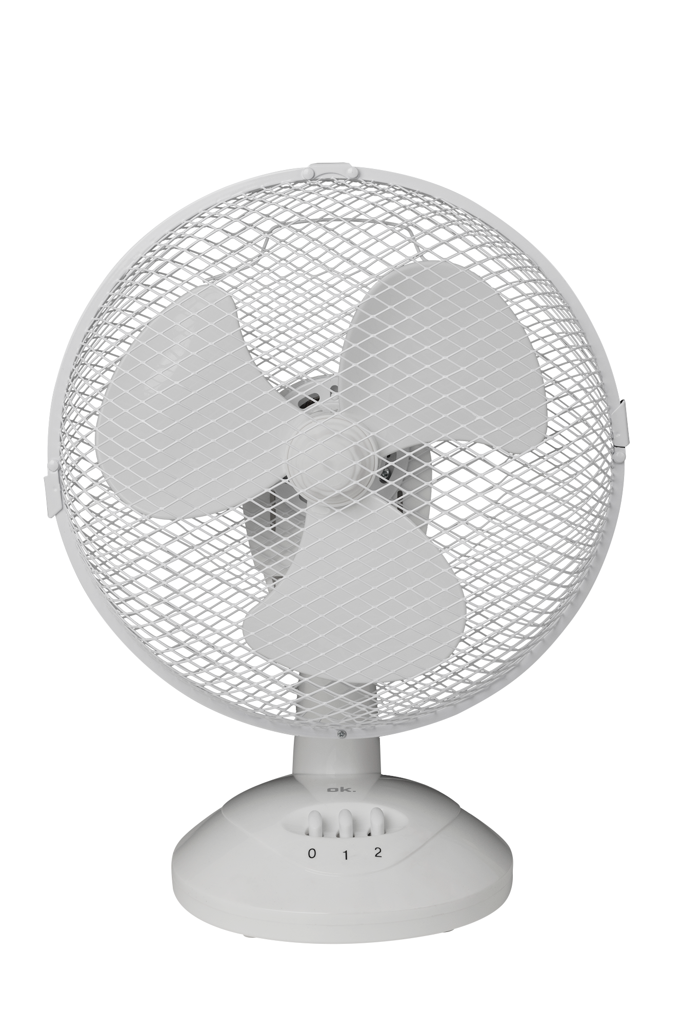 Biały wentylator biurkowy z trzema łopatkami i metalową kratką.