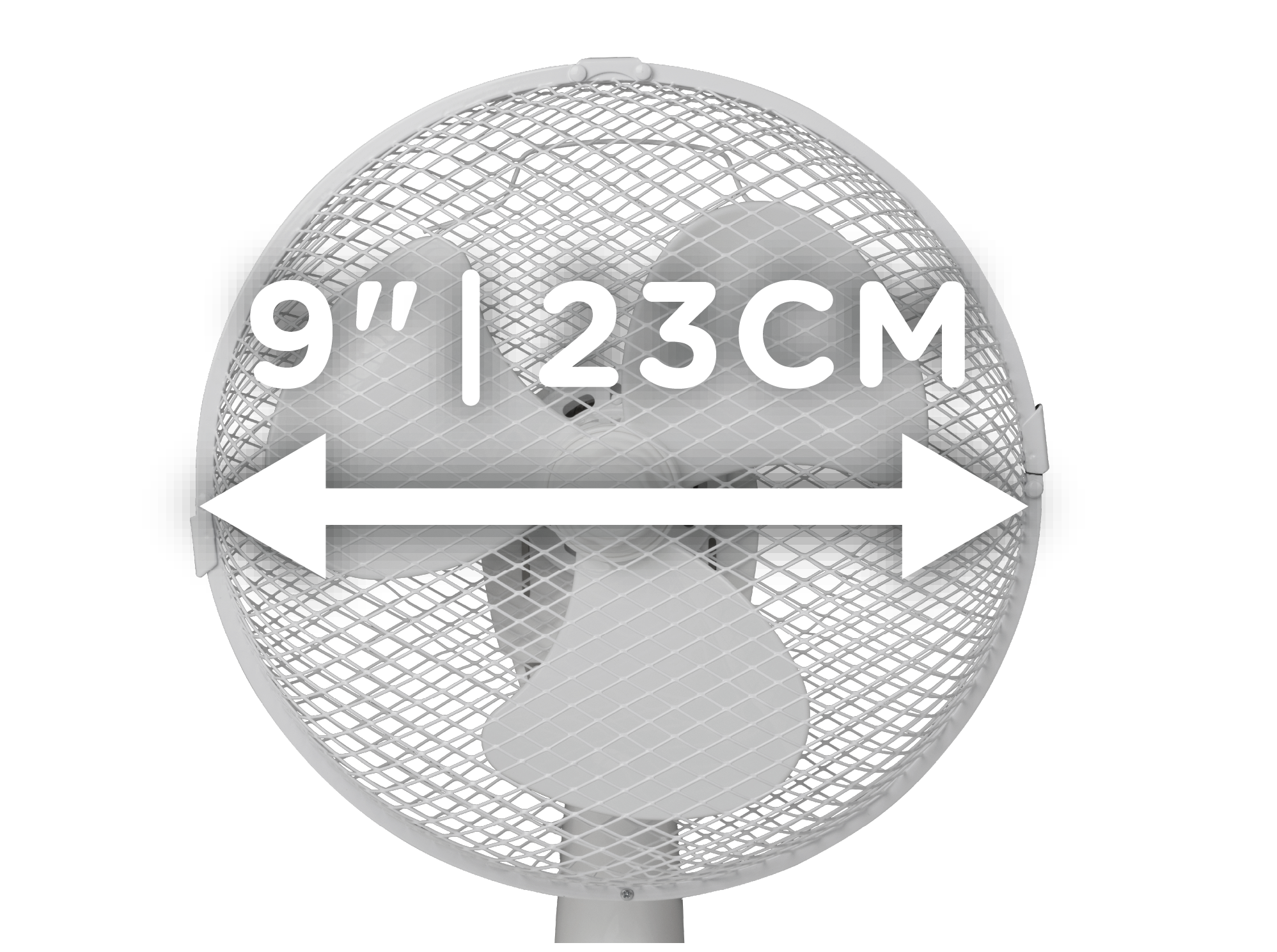 Biały wentylator biurkowy o średnicy 9" | 23CM jest pokazany na czarnym tle.