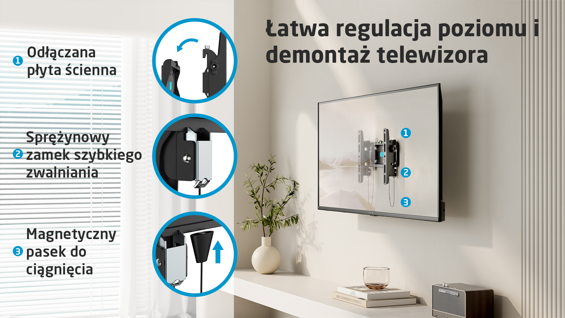 Uchwyt ścienny TV z odłączaną płytą, szybkozłączką i paskiem magnetycznym.