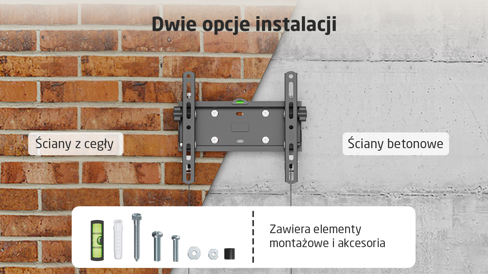 Uchwyt ścienny do TV do cegieł i betonu z akcesoriami.