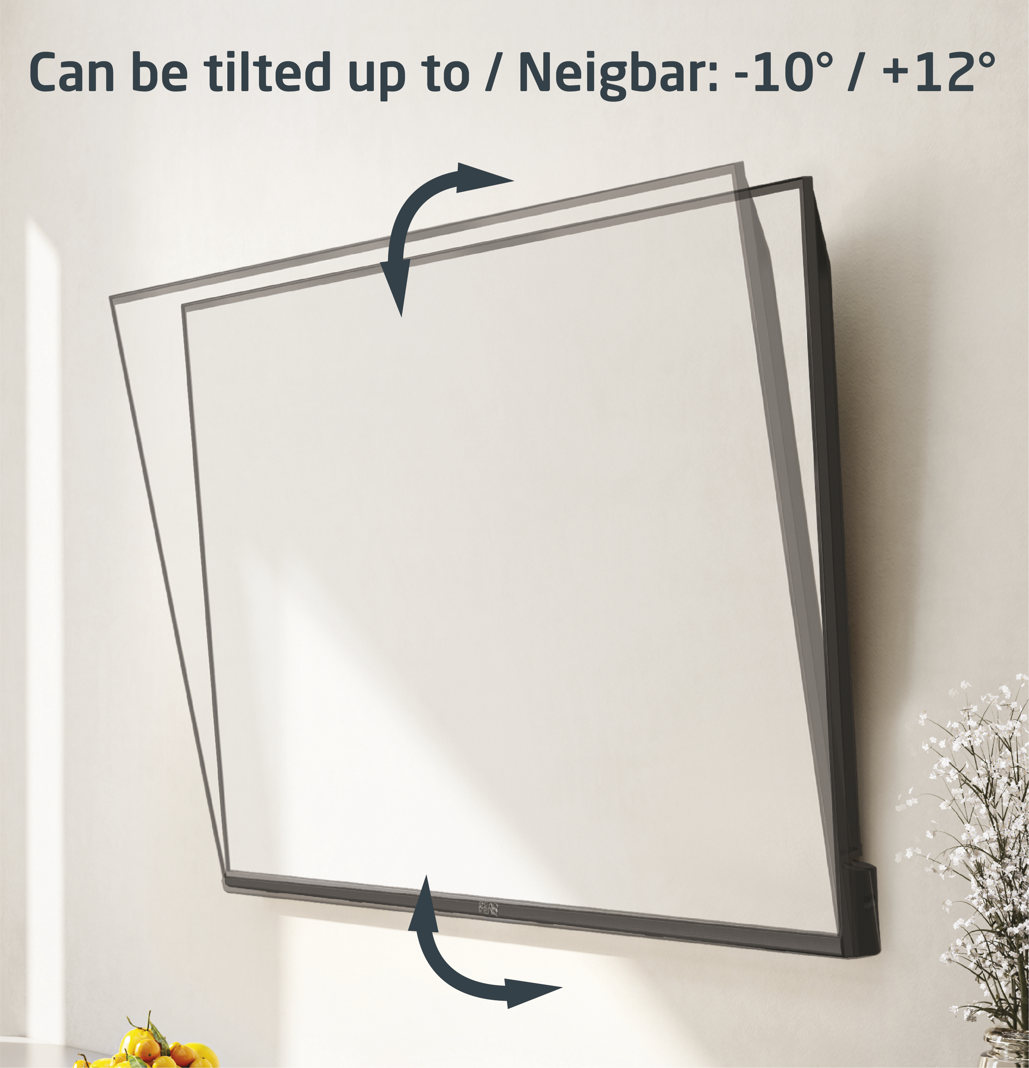 Czarny telewizor na ścianie, pokazany z możliwością pochylenia w górę i w dół.