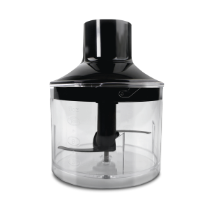Czarny dodatek blendera ręcznego z przezroczystym pojemnikiem i ostrzami.